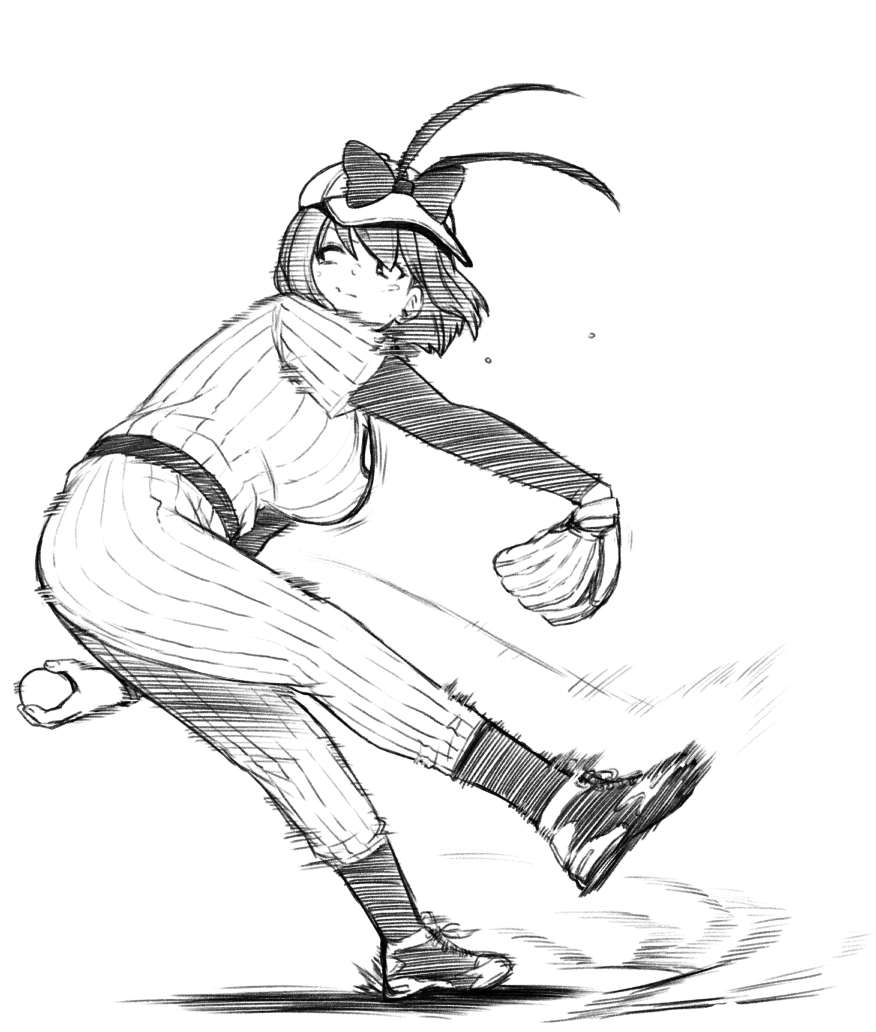 himajin noizu, nagae iku, touhou, commentary request, 1girl, alternate costume, antenna hair, ball, baseball, baseball (object), baseball cap, baseball glove, baseball uniform, bow, breasts, closed mouth, full body, greyscale, hair through headwear, hat, hat bow, holding, holding ball, large breasts, layered sleeves, long sleeves, looking afar, monochrome, pants, shirt, shoes, short hair, short over long sleeves, short sleeves, simple background, sneakers, solo, sportswear, striped clothes, striped pants, striped shirt, vertical-striped clothes, vertical-striped pants, vertical-striped shirt