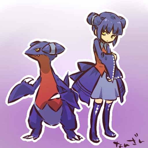 hitec, gabite, moemon, nintendo, pokemon, pokemon dppt, 00s, 1girl, blue hair, creature and personification, dress, fangs, gen 4 pokemon, holding own arm, personification, pokemon (creature), short hair, skirt, thighhighs, yellow eyes, zettai ryouiki