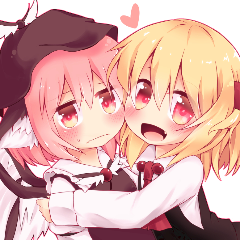 razy (skuroko), mystia lorelei, rumia, touhou, commentary, 2girls, ascot, bird girl, bird wings, black hat, blonde hair, blush, fang, hat, heads together, heart, hug, long sleeves, looking at viewer, medium hair, multiple girls, neck bobbles, pink hair, red ascot, short hair, simple background, smile, sweatdrop, upper body, white background, wing ears, wing hat ornament, wings, yuri