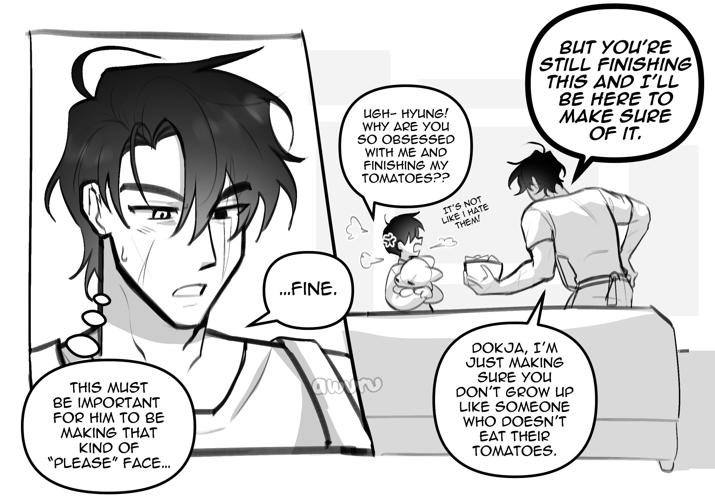 kim dokja, oldest dream, yoo joonghyuk, yoo joonghyuk (999th turn), omniscient reader's viewpoint, highres, 2boys, apron, areuwuu, couch, english text, greyscale, holding, holding stuffed toy, looking at another, male focus, monochrome, multiple boys, scar, scar across eye, scar on face, short hair, sitting, speech bubble, stuffed animal, stuffed toy, talking, thought bubble, toned, toned male