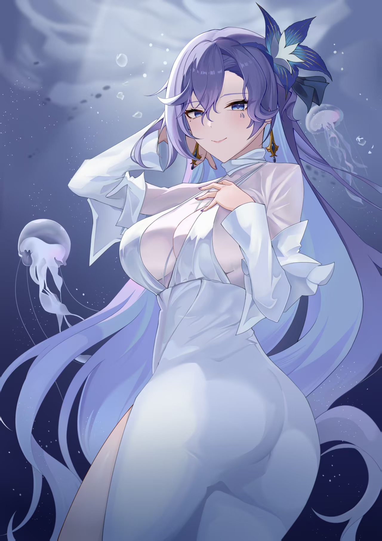 cantarella (wuthering waves), wuthering waves, chinese commentary, commentary request, highres, partial commentary, 1girl, arm up, blue flower, breasts, closed mouth, dress, earrings, flower, hair between eyes, hair flower, hair ornament, hand up, jellyfish, jewelry, large breasts, long hair, long sleeves, looking at viewer, mole, mole under eye, nail polish, official alternate costume, purple hair, purple nails, see-through clothes, see-through shirt, shirt, smile, solo, south rose, torso twist, very long hair, white dress, white shirt