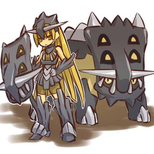hitec, bastiodon, moemon, nintendo, pokemon, pokemon dppt, 00s, 1girl, :<, armor, bare shoulders, blonde hair, creature and personification, gen 4 pokemon, hand on own hip, hip focus, long hair, personification, pokemon (creature), shield, yellow eyes