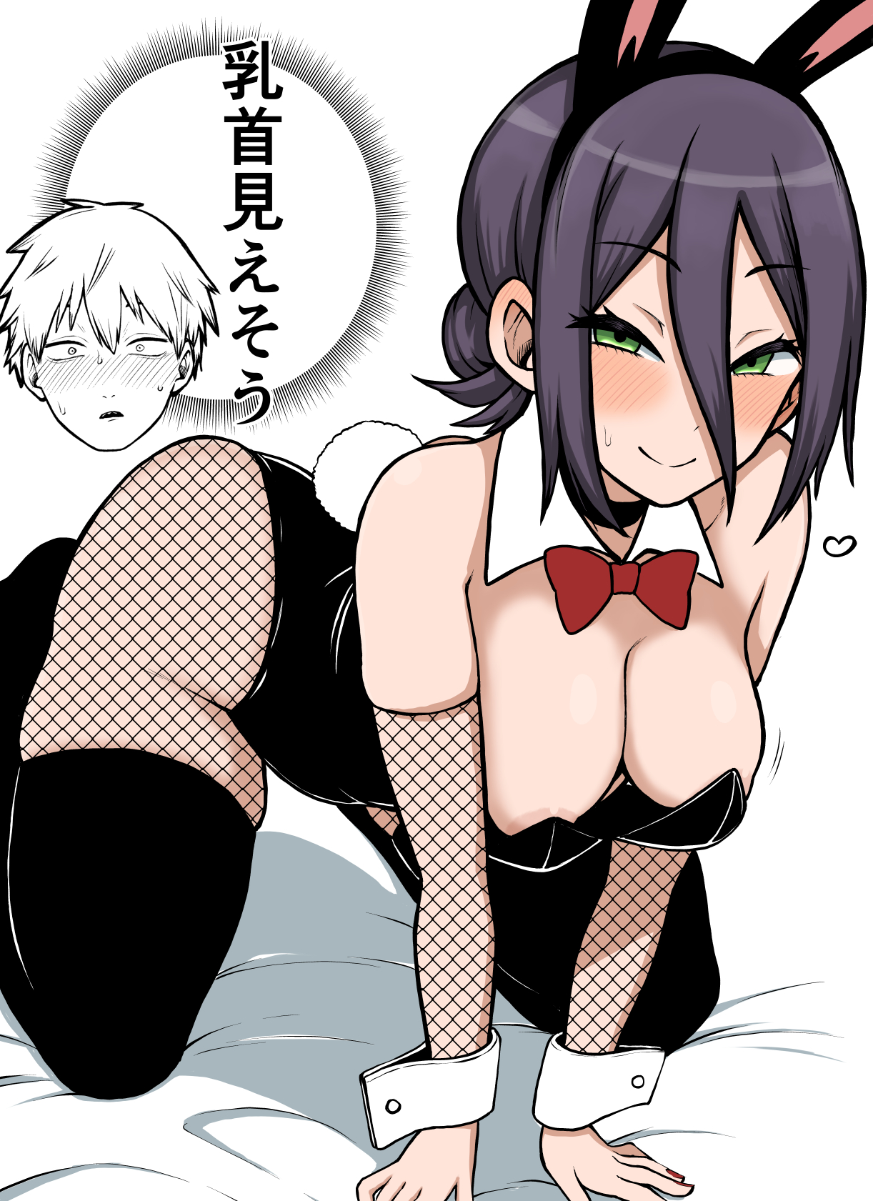 himajin noizu, denji (chainsaw man), reze (chainsaw man), chainsaw man, commentary request, highres, translation request, 1boy, 1girl, all fours, alternate costume, animal ears, areola slip, black choker, black leotard, black thighhighs, blush, bow, bowtie, breasts, choker, cleavage, closed mouth, collar, detached collar, fake animal ears, fake tail, fishnet pantyhose, fishnet sleeves, fishnets, full body, green eyes, leotard, looking at viewer, medium breasts, open mouth, pantyhose, playboy bunny, purple hair, rabbit ears, rabbit tail, red bow, red bowtie, short hair, smile, solo focus, split mouth, strapless, strapless leotard, tail, thighhighs, thighhighs under pantyhose, white background, white collar, wrist cuffs
