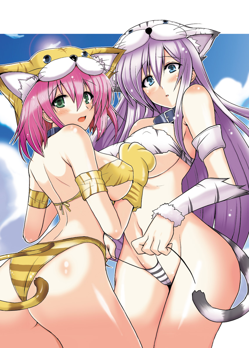 yasakani an, berserker (class), berserker (final fantasy), faris scherwiz, heracles (fate), lenna charlotte tycoon, fate (series), final fantasy, final fantasy v, original, highres, 1990s (style), 2girls, animal ears, animal hands, animal hat, animal print, armband, blue eyes, blush, breasts, cat ears, cat tail, collar, detached sleeves, fake animal ears, fur trim, gloves, green eyes, hat, large breasts, long hair, multiple girls, panties, paw gloves, pink hair, purple hair, retro artstyle, short hair, striped clothes, striped panties, tail, thong, tiger print, underboob, underwear, undressing