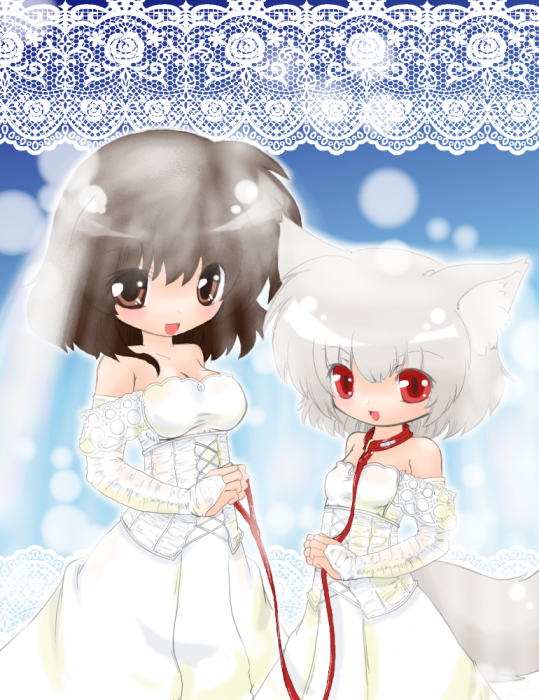 kitsune neko, kitsune neko (kon mao), inubashiri momiji, shameimaru aya, touhou, 2girls, animal ears, bare shoulders, black hair, bridal gauntlets, bridal veil, bride, brown eyes, dress, female focus, leash, multiple girls, red eyes, short hair, tail, veil, wedding, wedding dress, white hair, wife and wife, wolf ears, wolf tail, yuri