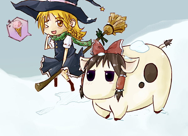 hakurei reimu, kirisame marisa, perfect cherry blossom, touhou, 1girl, animalization, blonde hair, blush, blush stickers, bow, broom, brown hair, cow, female focus, food, hair bow, hair ribbon, hair tubes, hat, ice cream, one eye closed, purple eyes, ribbon, scarf, sidelocks, snow, speech bubble, sweat, wink, witch, witch hat, yellow eyes