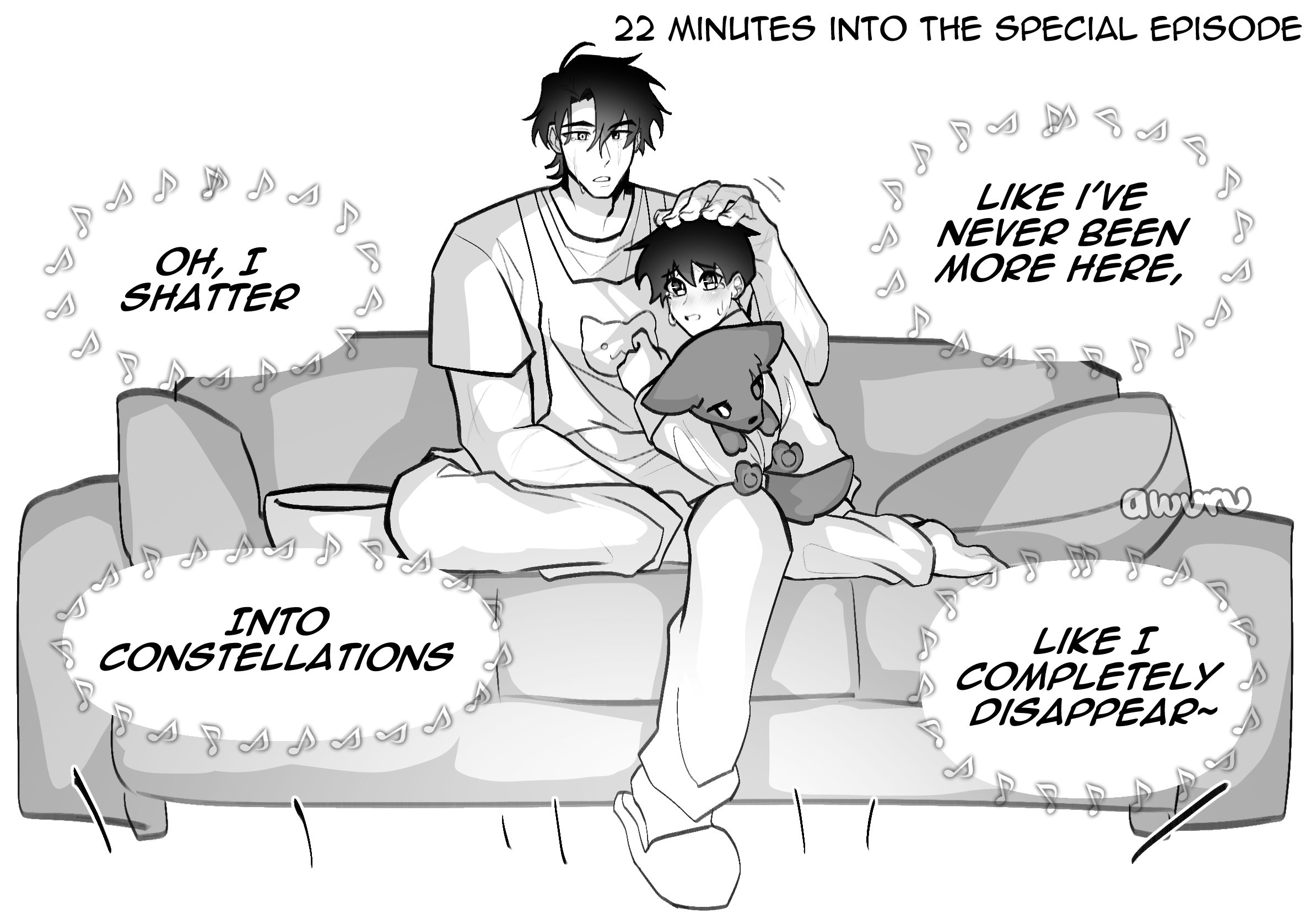 kim dokja, oldest dream, yoo joonghyuk, yoo joonghyuk (999th turn), omniscient reader's viewpoint, highres, 2boys, apron, areuwuu, couch, english text, full body, greyscale, leaning on person, male focus, monochrome, multiple boys, music, musical note, pillow, scar, scar on face, scratching head, short hair, singing, sitting, slippers, stuffed animal, stuffed toy, toned, toned male