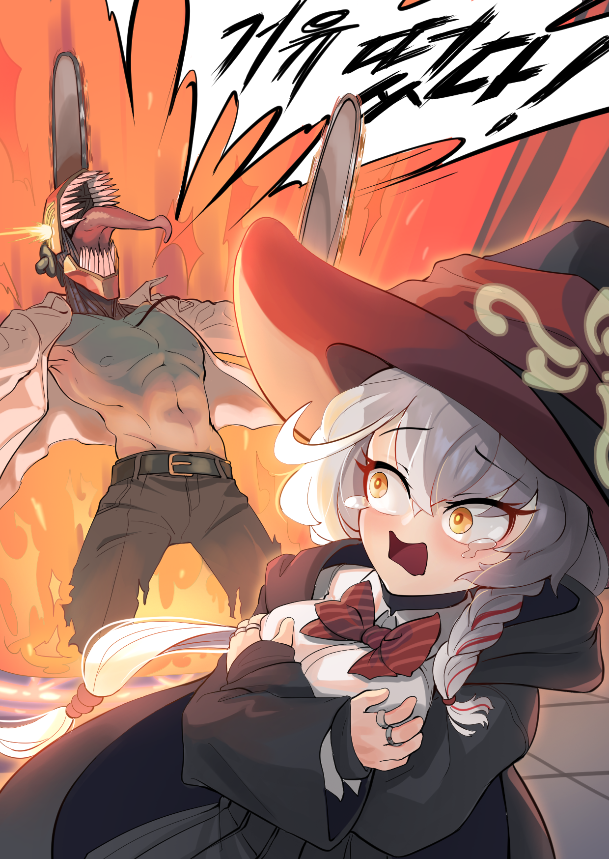 mmm5162, denji (chainsaw man), eri (blue archive), blue archive, chainsaw man, commentary request, highres, korean commentary, partial commentary, translation request, 1boy, 1girl, backlighting, black hat, black jacket, black pants, black skirt, bow, bowtie, braid, breasts, collared shirt, covering breasts, covering privates, cowboy shot, crossover, diagonal-striped bow, diagonal-striped bowtie, diagonal-striped clothes, fire, floating hair, grey hair, hair between eyes, hair bobbles, hair ornament, halo, hat, jacket, jewelry, korean text, large breasts, long hair, long sleeves, looking at another, multiple rings, muscular, muscular male, open clothes, open jacket, open mouth, open shirt, pants, pleated skirt, ponytail, red bow, red bowtie, ring, scared, school uniform, sharp teeth, shirt, shouting, single braid, skirt, speech bubble, striped bow, striped bowtie, striped clothes, tearing up, tears, teeth, tongue, tongue out, very long hair, white shirt, wide-eyed, wide sleeves, witch hat, yellow eyes, yellow halo