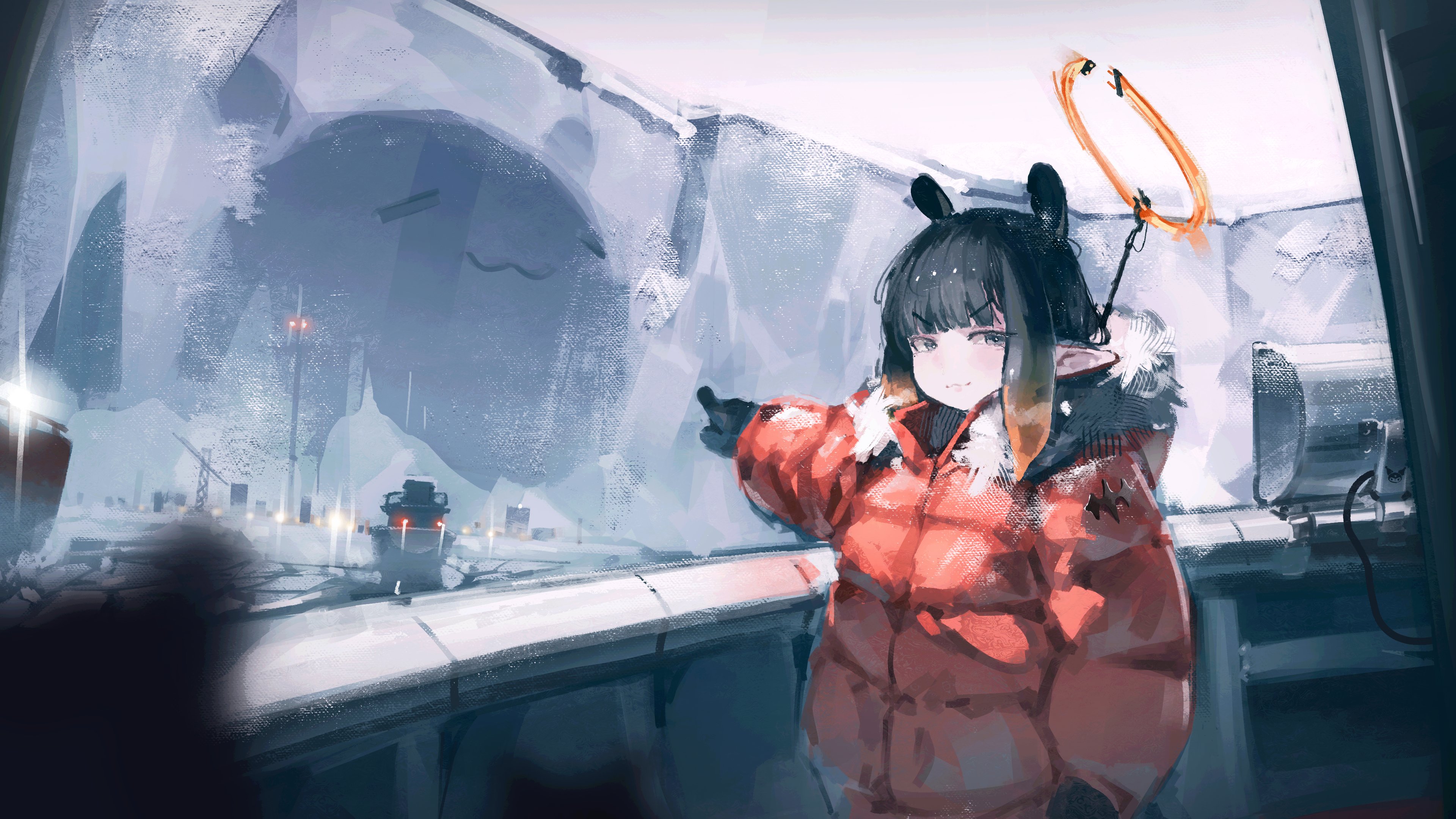 greedice, ninomae ina'nis, takodachi (ninomae ina'nis), hololive, hololive english, absurdres, commentary, english commentary, highres, 1girl, :3, = =, alternate costume, black gloves, black hair, blunt bangs, coat, fur-trimmed jacket, fur trim, gloves, gradient hair, grey eyes, halo, jacket, long pointy ears, looking at viewer, mechanical halo, multicolored hair, orange coat, orange hair, outstretched arm, pointing, pointy ears, sidelocks, snow, standing, upper body, virtual youtuber, winter clothes, winter coat