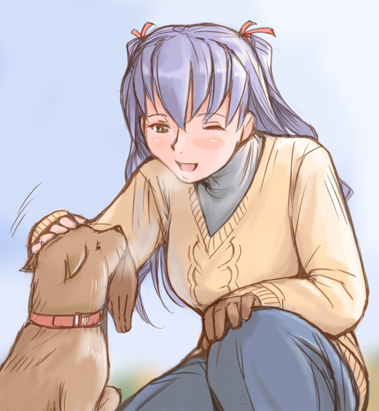 tsuda nanafushi, barasuishou, rozen maiden, silver hair, 00s, aged up, blonde hair, casual, dog, gloves, headpat, single glove, wink