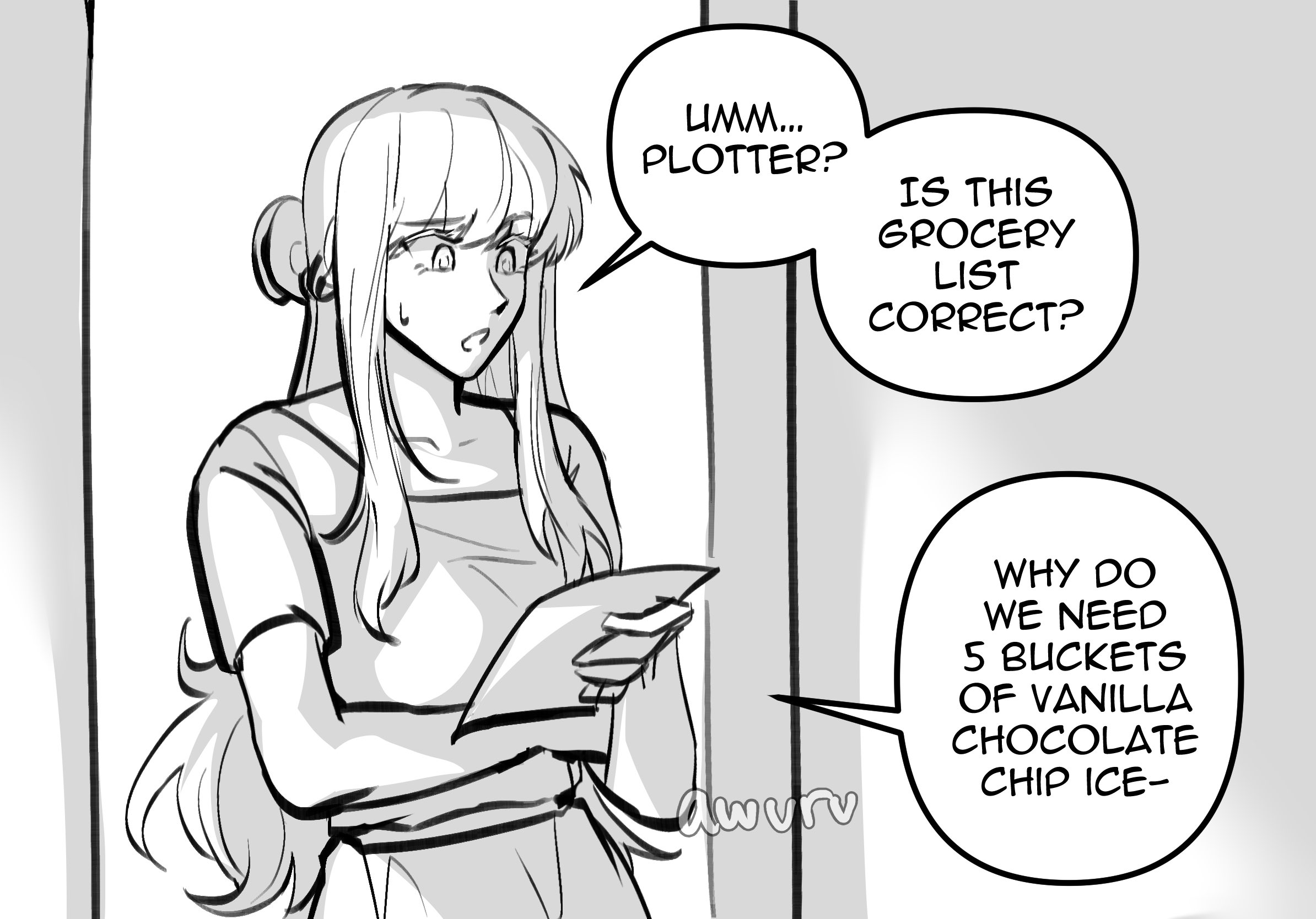 secretive plotter, uriel (omniscient reader's viewpoint), yoo joonghyuk, omniscient reader's viewpoint, highres, 1girl, areuwuu, arm around waist, character name, dress, english text, greyscale, high ponytail, holding, holding paper, long hair, monochrome, paper, ponytail, sidelocks, solo, speech bubble, sweatdrop, upper body