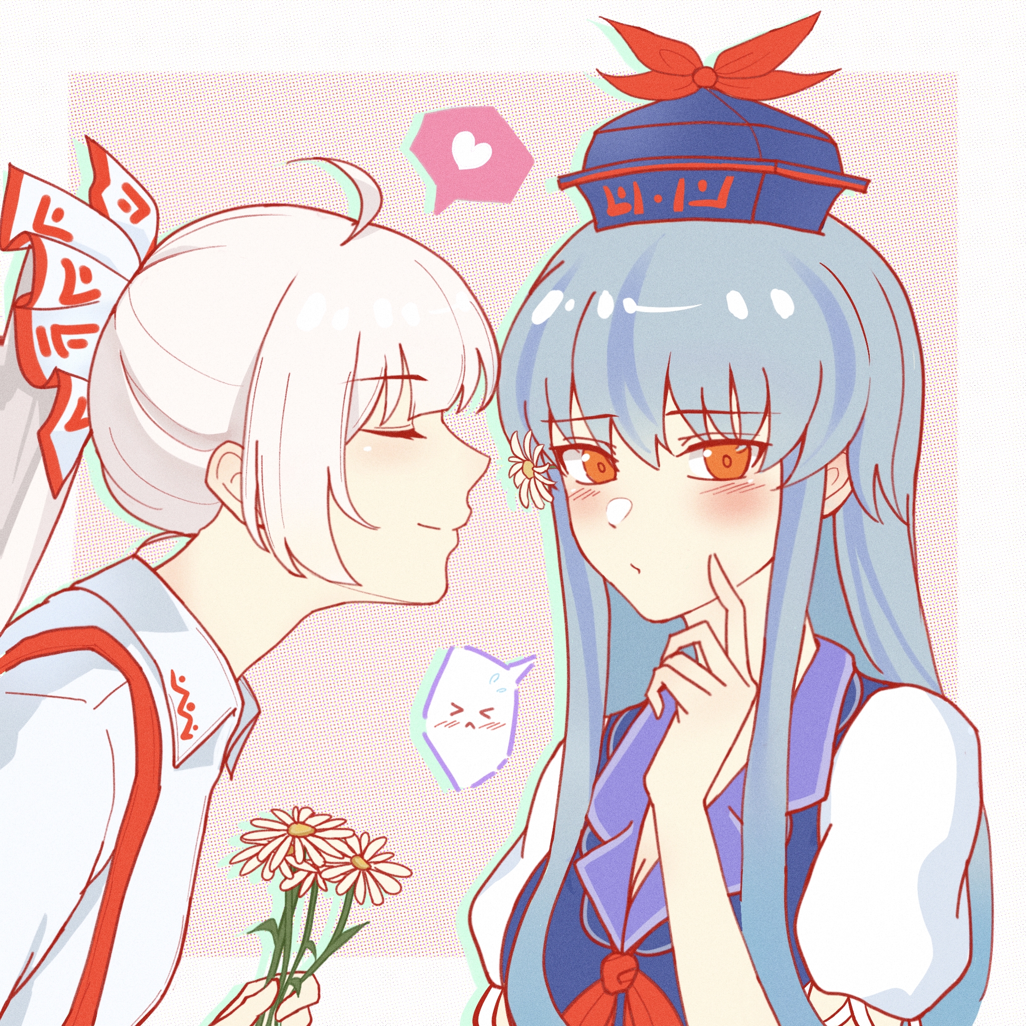 fujiwara no mokou, kamishirasawa keine, touhou, commentary, highres, > <, 2girls, :/, ahoge, blue hat, blush, border, breasts, cleavage, closed eyes, daisy (flower), fanxiaotu, finger to cheek, flower, hair flower, hair ornament, hat, heart, holding, holding flower, imminent kiss, long hair, multiple girls, orange eyes, outside border, ponytail, spoken expression, spoken heart, square hat, straight hair, suspenders, upper body, very long hair, white border, yuri