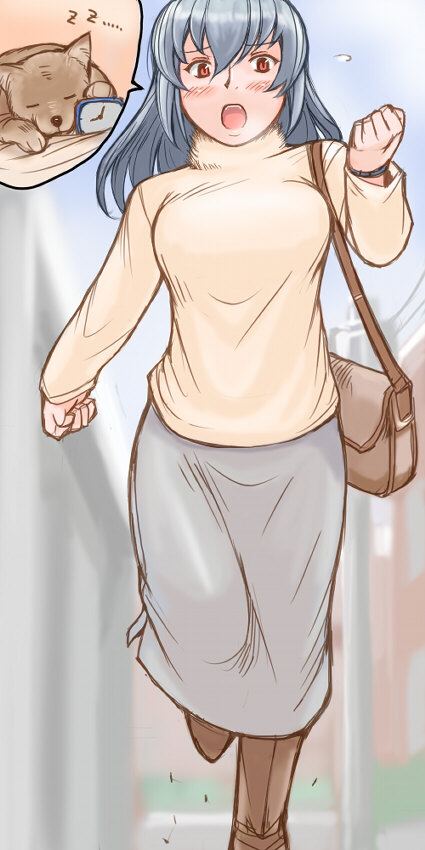 tsuda nanafushi, suigintou, rozen maiden, silver hair, long image, tall image, 00s, 1girl, aged up, alarm clock, bag, boots, breasts, casual, clock, dog, female focus, grey skirt, handbag, large breasts, long skirt, pencil skirt, running, skirt, solo, watch, wristwatch