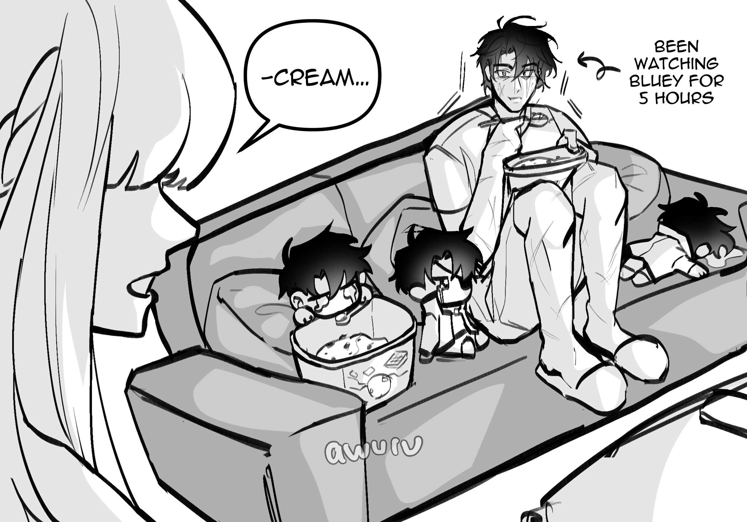 secretive plotter, uriel (omniscient reader's viewpoint), yoo joonghyuk, yoo joonghyuk (999th turn), omniscient reader's viewpoint, highres, 1girl, 4boys, areuwuu, couch, eating, english text, food, full body, greyscale, ice cream, knees up, mini person, miniboy, monochrome, multiple boys, multiple persona, sitting, slippers, speech bubble