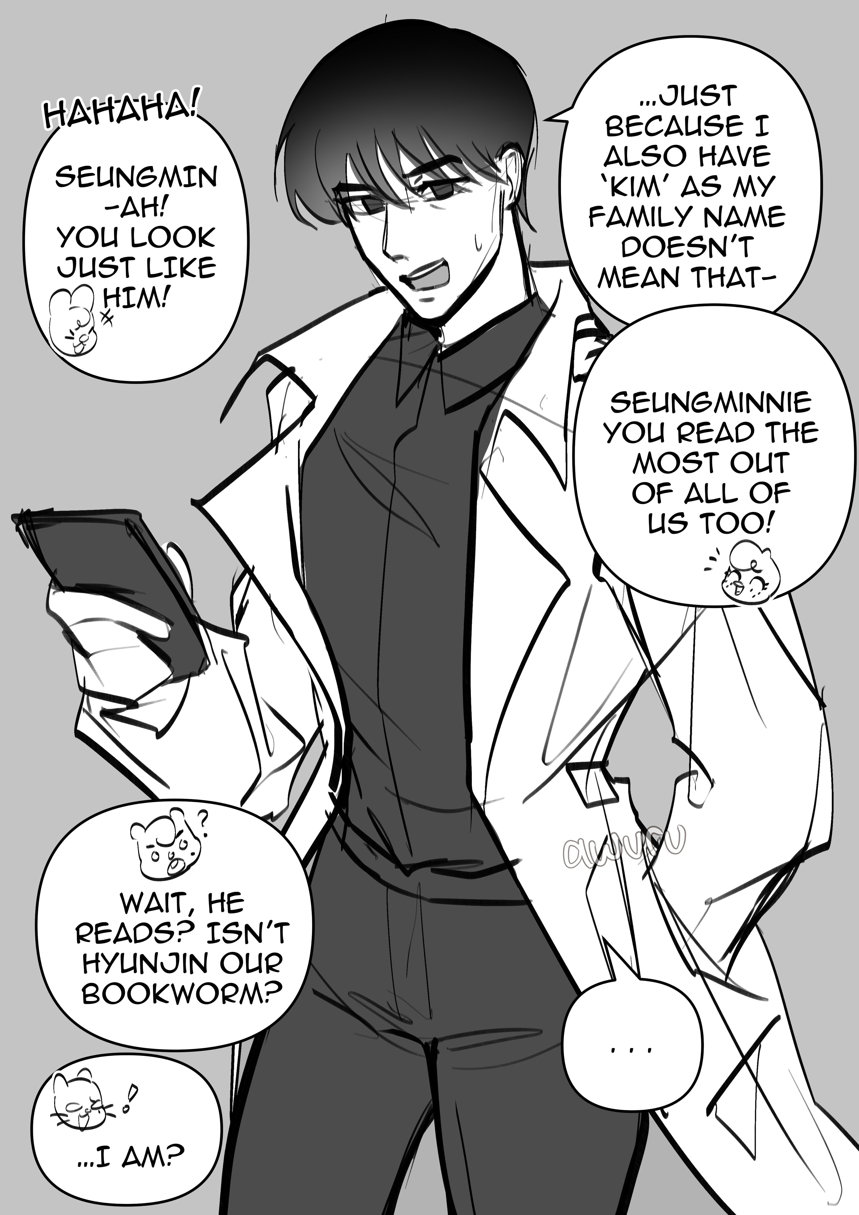omniscient reader's viewpoint, absurdres, highres, …, 1boy, areuwuu, black hair, black shirt, coat, collared shirt, cowboy shot, english text, greyscale, hand in pocket, holding, holding phone, looking at viewer, male focus, monochrome, open clothes, open coat, open mouth, phone, popped collar, shirt, short hair, solo, speech bubble, spoken ellipsis, sweatdrop, white coat