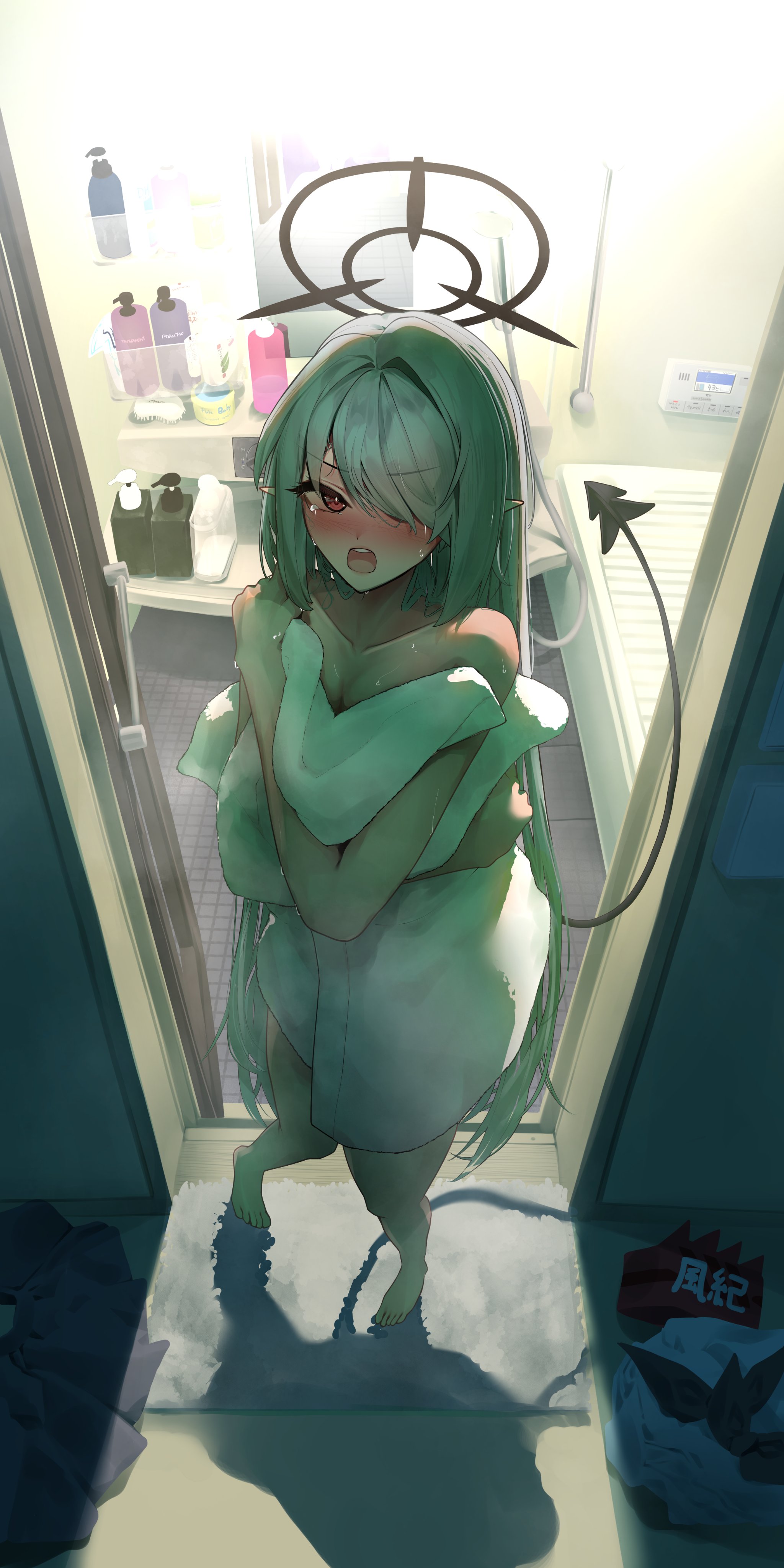 shumai il, iori (blue archive), blue archive, absurdres, highres, 1girl, after bathing, armband, bath, bathroom, black skirt, breasts, dark-skinned female, dark skin, full body, grey hair, hair over one eye, halo, holding, holding towel, long hair, mirror, naked towel, open mouth, pleated skirt, pointy ears, red eyes, shampoo bottle, shirt, sink, skirt, soap bottle, tail, towel, twintails, unworn armband, unworn shirt, unworn skirt, wet, wet hair, white shirt