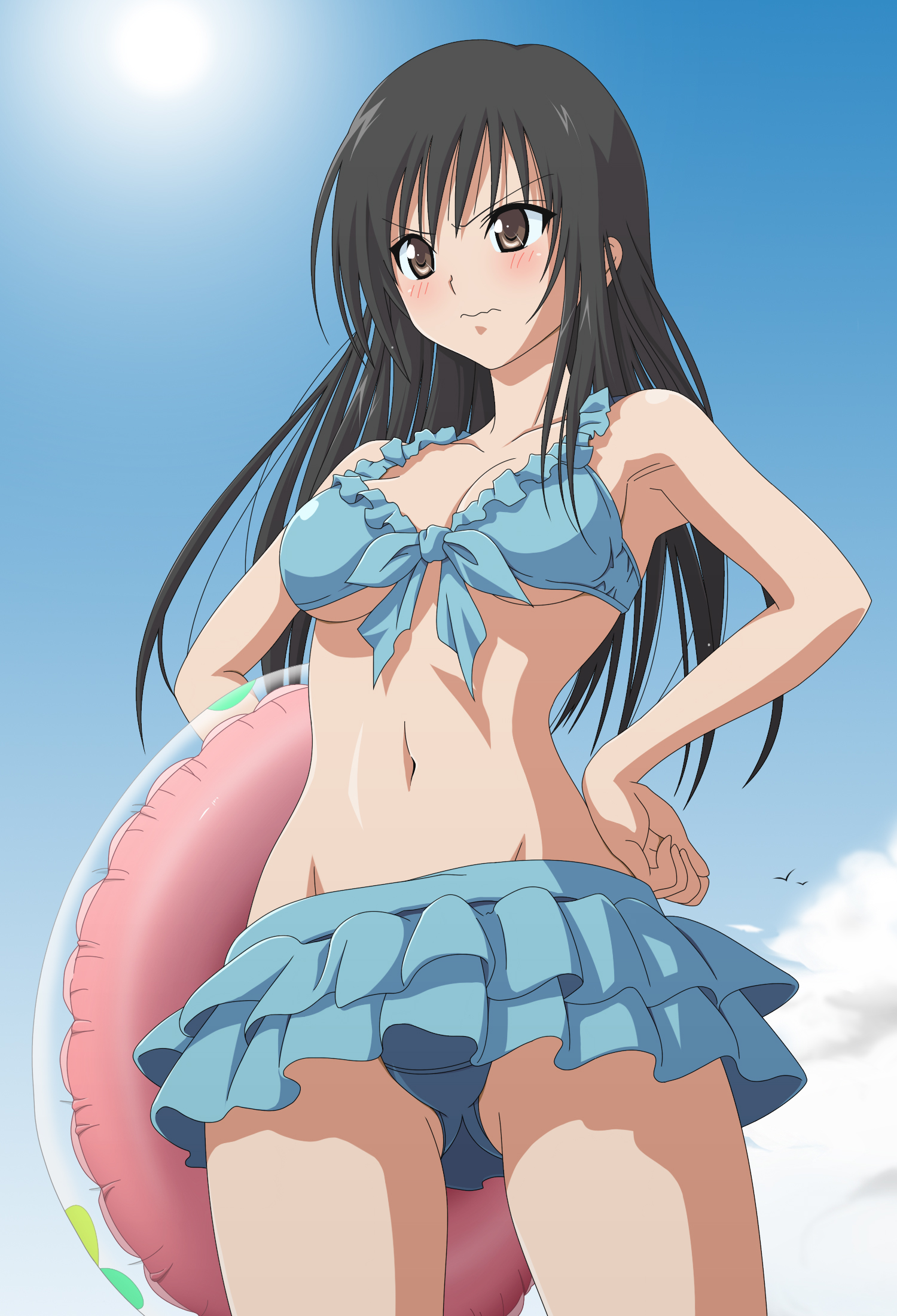 toshi (anime coloring), kotegawa yui, to love-ru, highres, 00s, 1girl, bikini, black hair, blue bikini, blush, breasts, brown eyes, day, female focus, frills, front-tie top, frown, hands on own hips, innertube, medium breasts, solo, swim ring, swimsuit, underboob, wavy mouth