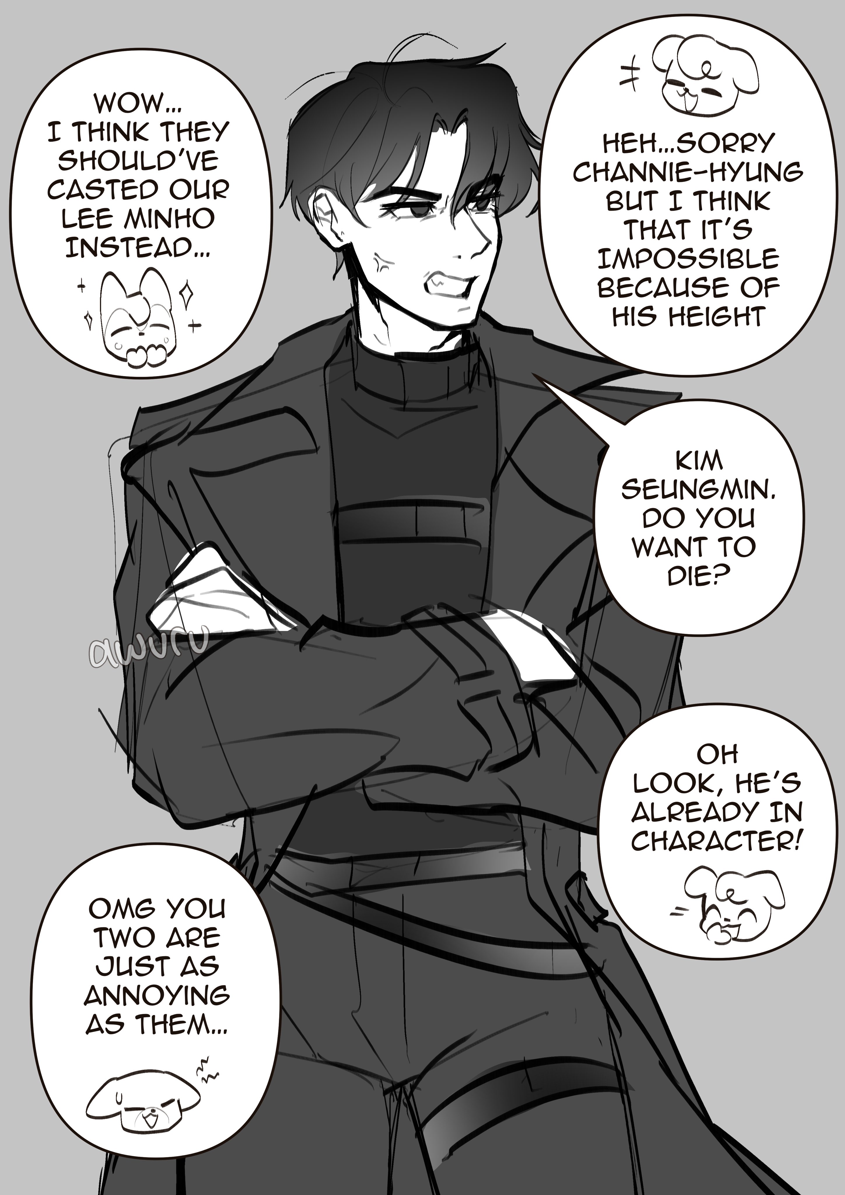 yoo joonghyuk, omniscient reader's viewpoint, absurdres, highres, 1boy, anger vein, areuwuu, black coat, black hair, black shirt, chest belt, coat, cowboy shot, crossed arms, curtained hair, english text, greyscale, high collar, leg belt, male focus, monochrome, open clothes, open coat, shirt, short hair, solo, speech bubble