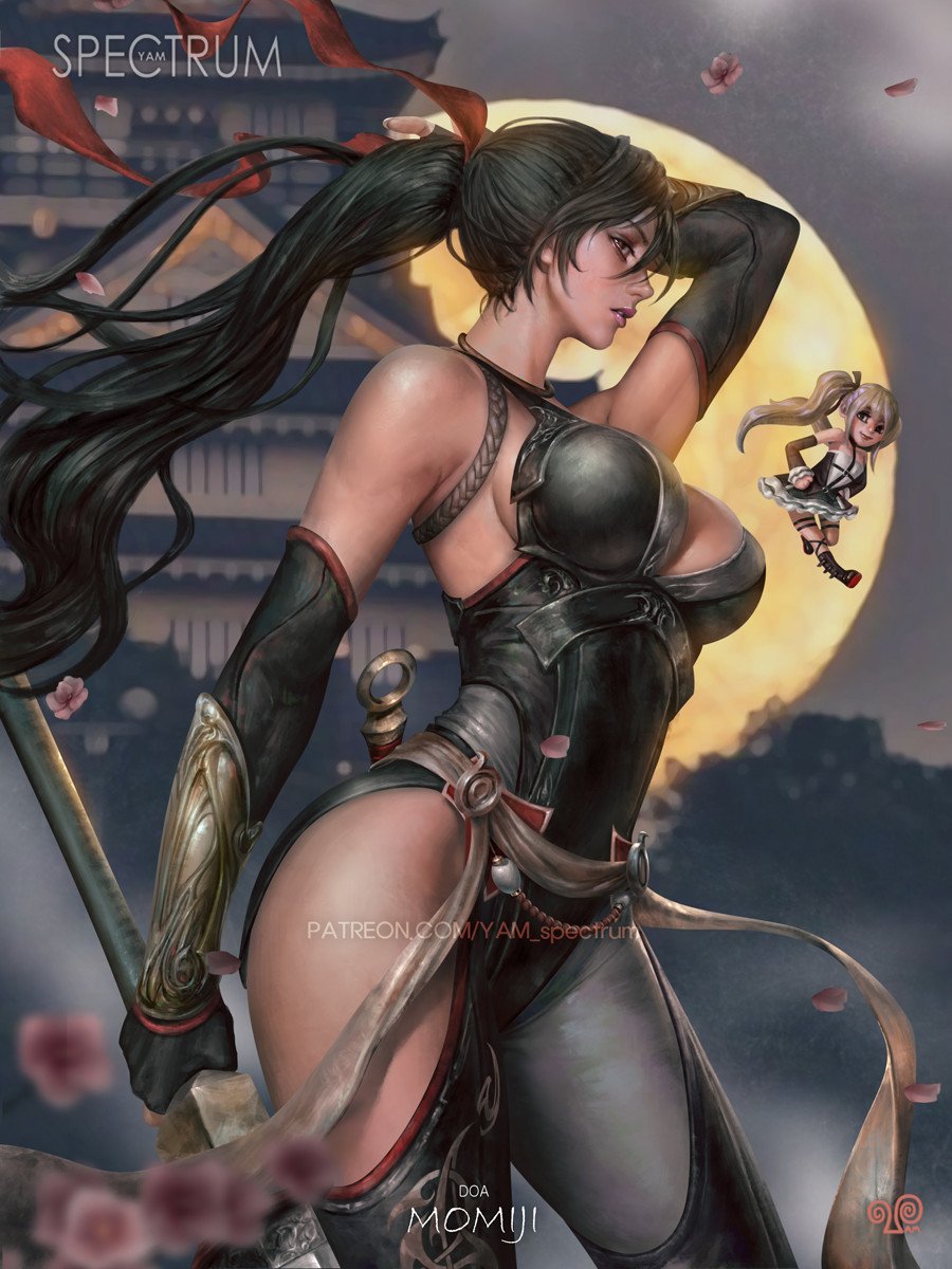 yam spectrum, marie rose, momiji (ninja gaiden), dead or alive, ninja gaiden, highres, 2girls, architecture, arm guards, arm up, bare shoulders, black boots, black hair, black suit, blonde hair, boots, breasts, cherry blossoms, cleavage, clothing cutout, east asian architecture, fingerless gloves, formal clothes, full moon, gloves, grabbing own hair, high ponytail, hip vent, holding, holding own hair, holding polearm, holding weapon, kunai, large breasts, leotard, long hair, long sleeves, maid, moon, multiple girls, ninja, official alternate costume, parted lips, patreon username, polearm, ponytail, suit, teeth, thick thighs, thighs, twintails, unconventional maid, very long hair, weapon