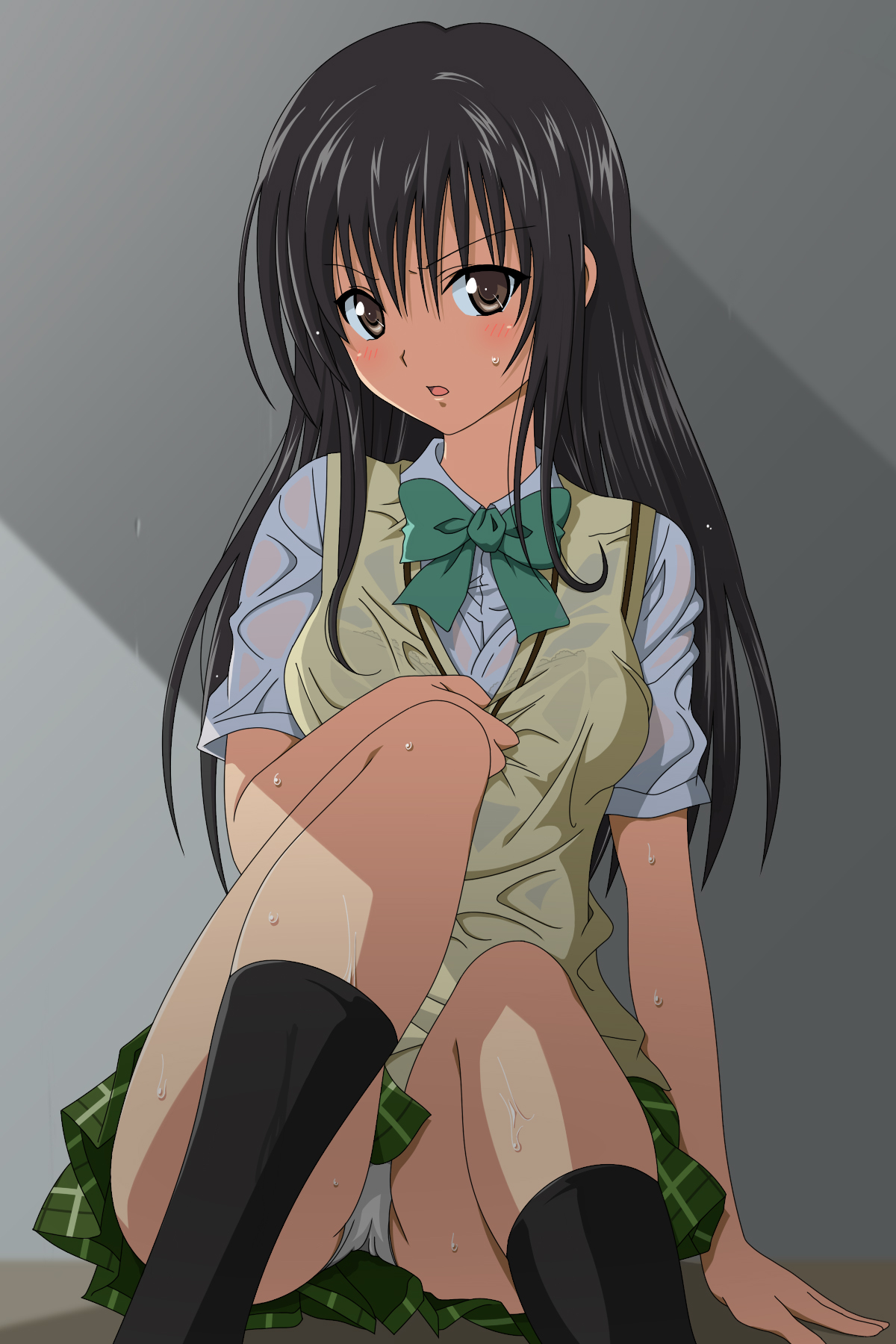 toshi (anime coloring), kotegawa yui, to love-ru, derivative work, highres, vector trace, 00s, 1girl, black hair, blush, bra, brown eyes, female focus, frown, lingerie, long legs, panties, pantyshot, plaid clothes, plaid skirt, school uniform, shirt, sitting, skirt, solo, underwear, upskirt, wet, wet clothes, wet shirt