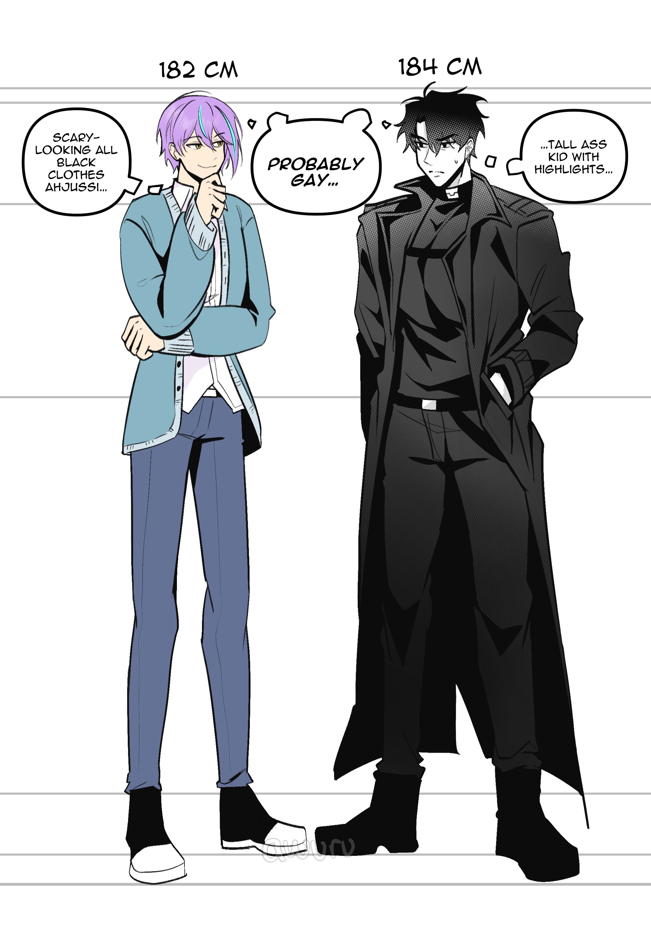 yoo joonghyuk, omniscient reader's viewpoint, absurdres, character request, copyright request, highres, 2boys, areuwuu, black coat, black hair, black shirt, blue jacket, blue streaks, boots, coat, crossover, curtained hair, denim, english text, full body, hand in pocket, hand on own chin, height connection, jacket, jeans, looking at another, multiple boys, open clothes, open coat, pants, popped collar, purple hair, shared thought bubble, shirt, short hair, speech bubble, standing, sweatdrop, thought bubble, white shirt