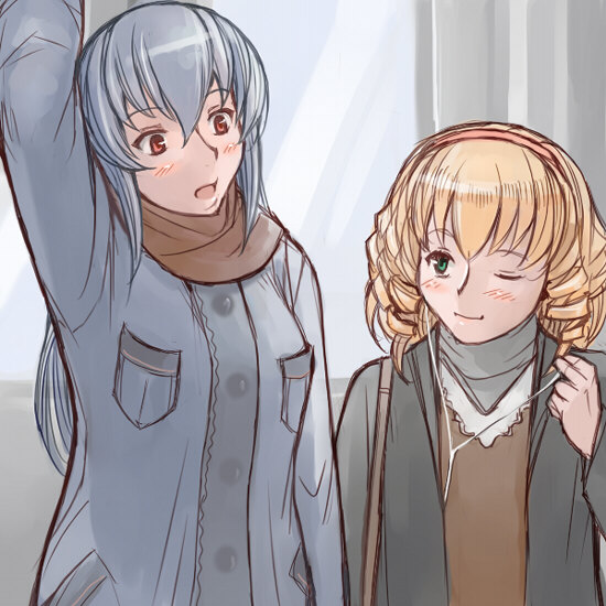 tsuda nanafushi, hinaichigo, suigintou, rozen maiden, silver hair, 00s, 2girls, aged up, blonde hair, blush, casual, earbuds, earphones, green eyes, hairband, long hair, multiple girls, ringlets, scarf, wink