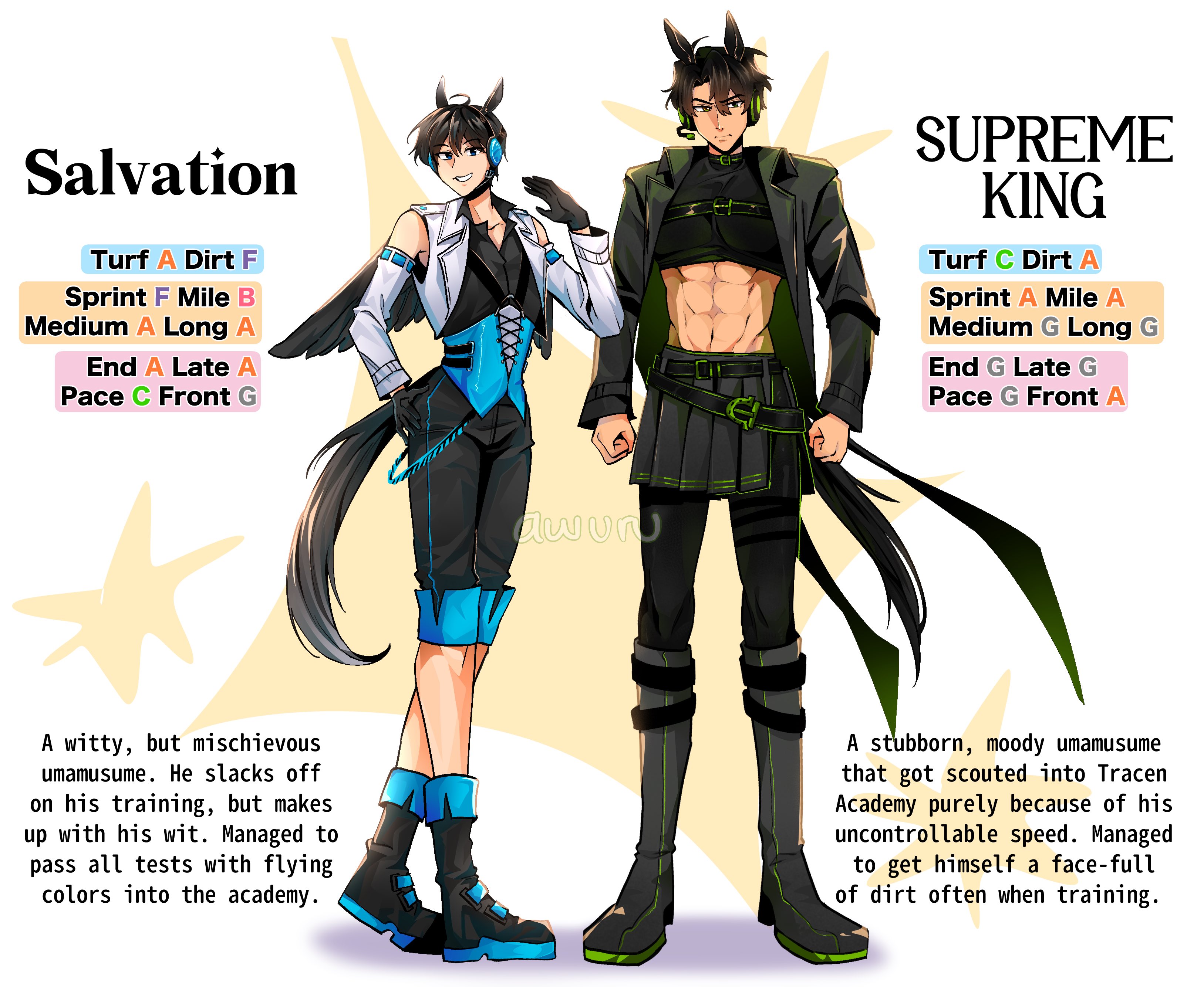 kim dokja, yoo joonghyuk, omniscient reader's viewpoint, umamusume, absurdres, highres, 2boys, ahoge, areuwuu, black gloves, black hair, black jacket, black shirt, black wings, boots, clenched hand, corset, crossover, detached sleeves, english text, feathered wings, gloves, hand on own hip, headphones, horse boy, horse tail, jacket, looking at viewer, male focus, multiple boys, shirt, short hair, skirt, stats, stomach, tail, toned, toned male, white jacket, wings