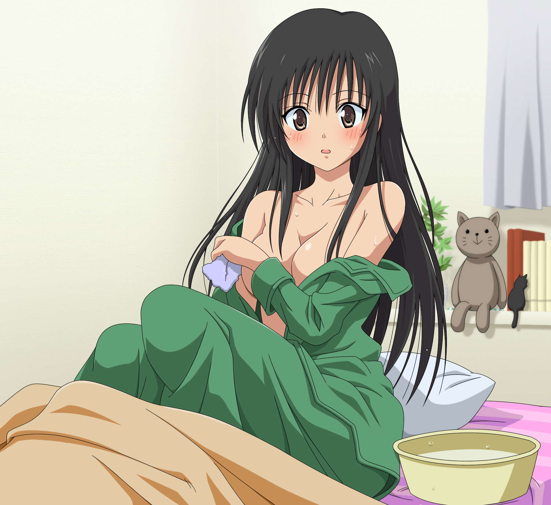toshi (anime coloring), kotegawa yui, to love-ru, highres, 00s, 1girl, bed, black hair, blush, breasts, brown eyes, cleavage, female focus, no bra, open clothes, open shirt, pajamas, shirt, solo, stuffed animal, stuffed toy, sweat, towel