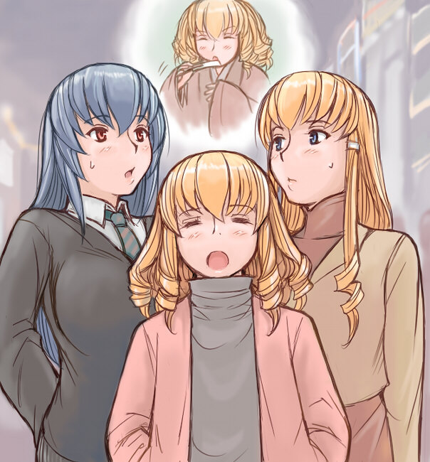 tsuda nanafushi, hinaichigo, shinku, suigintou, rozen maiden, silver hair, 00s, 3girls, aged up, blonde hair, blue eyes, casual, long hair, multiple girls, necktie, ringlets, sweatdrop, upper body