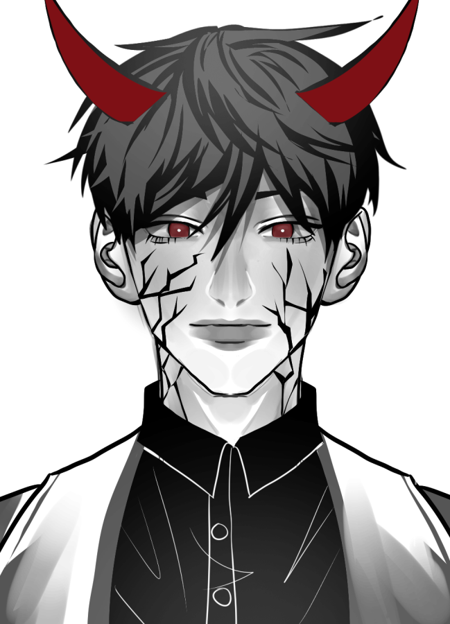 kim dokja, omniscient reader's viewpoint, 1boy, aegyo sal, black hair, black shirt, coat, collared shirt, colored veins, demon horns, horns, jozllie, looking at viewer, male focus, official alternate costume, open clothes, open coat, portrait, red eyes, shirt, short hair, smile, solo, straight-on, transparent background, white coat