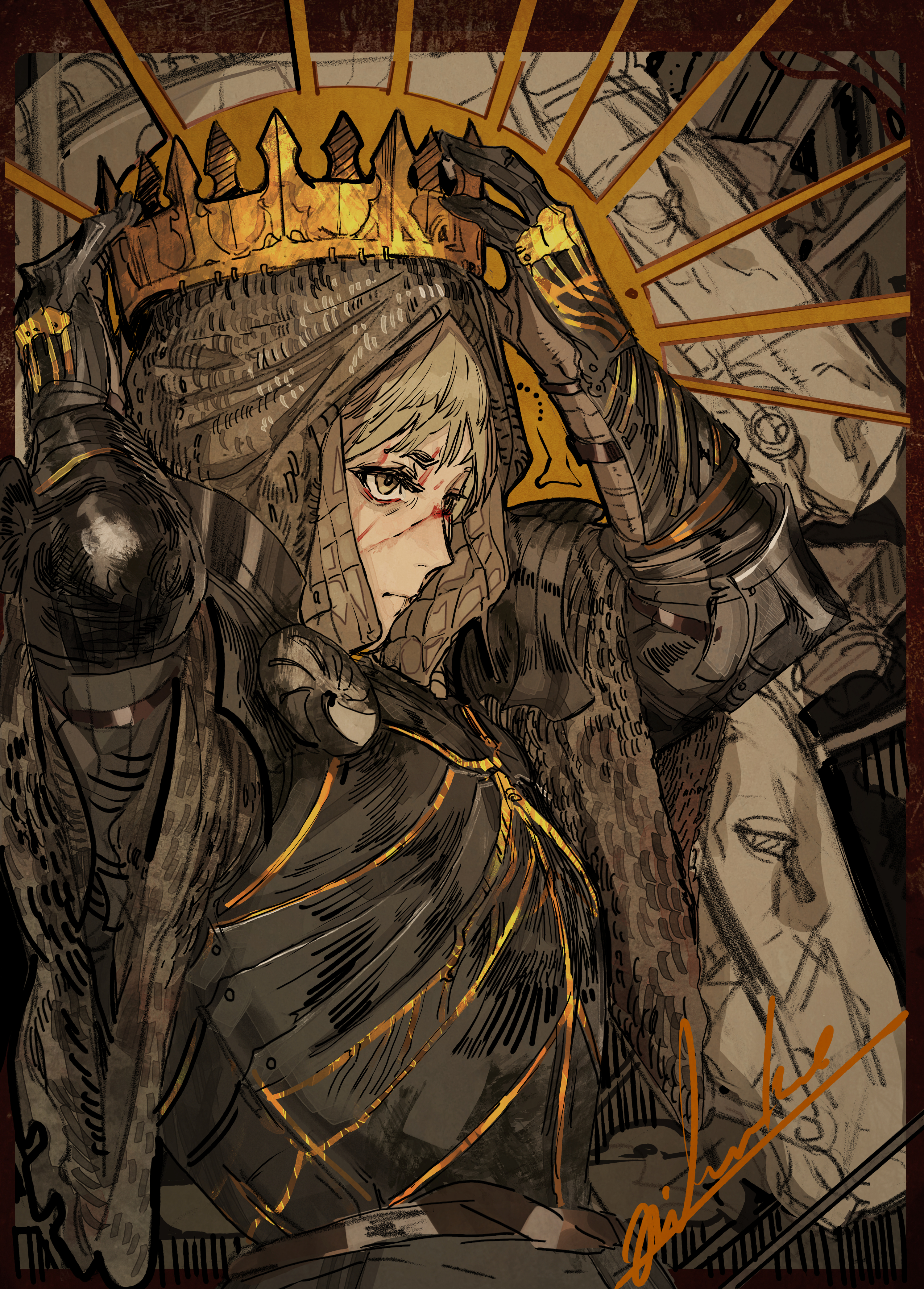 hiranko, original, absurdres, highres, 1girl, armor, artist name, blonde hair, breastplate, chainmail, crown, gauntlets, long sleeves, signature, solo, yellow eyes