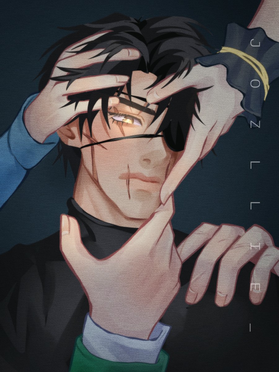 kim namwoon, lee hyunsung, lee jihye, uriel (omniscient reader's viewpoint), yoo joonghyuk, yoo joonghyuk (999th turn), omniscient reader's viewpoint, highres, 1boy, 4others, black hair, black shirt, expressionless, eyepatch, hand on another's face, hand on another's shoulder, head tilt, jozllie, long sleeves, looking at viewer, multiple others, multiple scars, out of frame, portrait, scar, scar across eye, scar on face, scar on hand, scar on mouth, shirt, short hair, wrist cuffs, yellow eyes
