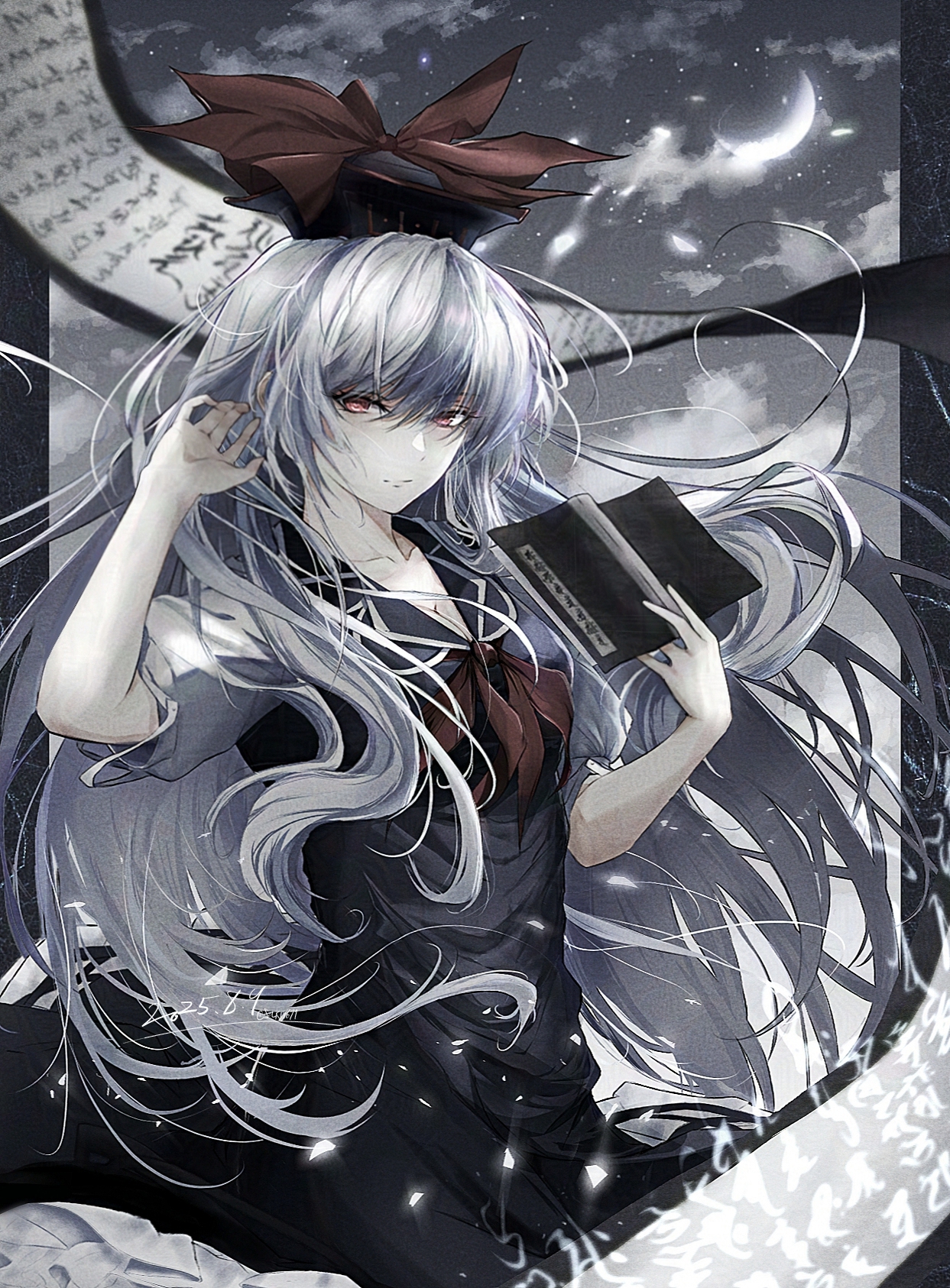 kamishirasawa keine, touhou, commentary, commentary request, highres, 1girl, :|, blue dress, blue hair, blue hat, book, breasts, cleavage, closed mouth, cloud, cloudy sky, crescent moon, dated, dress, expressionless, grey hair, hat, holding, holding book, long hair, looking at viewer, moon, multicolored hair, puffy short sleeves, puffy sleeves, saki9671, scroll, shirt, short sleeves, sky, solo, straight hair, two-tone hair, very long hair, white shirt