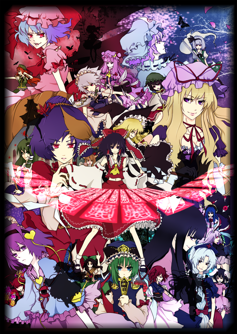 yume koucha, chen, flandre scarlet, fujiwara no mokou, hakurei reimu, hinanawi tenshi, hong meiling, houraisan kaguya, ibuki suika, inaba tewi, izayoi sakuya, kaenbyou rin, kirisame marisa, kochiya sanae, komeiji koishi, komeiji satori, konpaku youmu, konpaku youmu (ghost), moriya suwako, nagae iku, onozuka komachi, patchouli knowledge, reisen udongein inaba, reiuji utsuho, remilia scarlet, saigyouji yuyuko, shiki eiki, yagokoro eirin, yakumo ran, yakumo yukari, yasaka kanako, touhou, silver hair, bad id, bad pixiv id, highres, 6+girls, animal ears, bat wings, black hair, blonde hair, blue eyes, blue hair, blush, braid, brown hair, cat ears, cat girl, china dress, chinese clothes, cup, detached sleeves, dress, elbow gloves, everyone, female focus, gap (touhou), ghost, gloves, gohei, green eyes, green hair, hairband, hat, hitodama, horns, japanese clothes, katana, knife, long hair, maid headdress, miko, mob cap, multiple girls, ofuda, pink hair, ponytail, purple eyes, purple hair, rabbit ears, red eyes, red hair, rope, short hair, side ponytail, sword, tea, teacup, twin braids, twintails, two side up, weapon, wings, witch, witch hat, yellow eyes