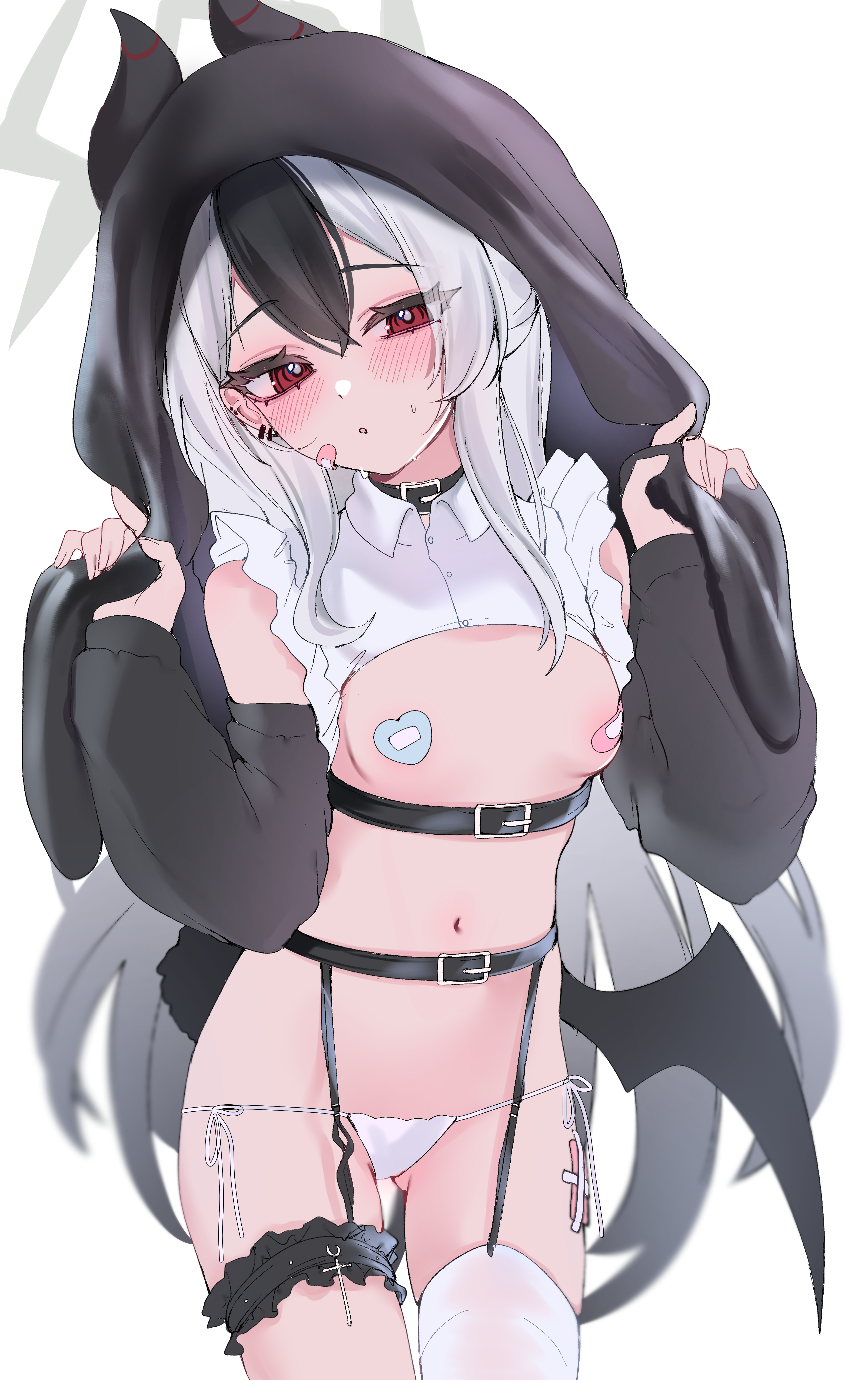 acedia, kayoko (blue archive), blue archive, absurdres, highres, 1girl, bandaid, bandaid on leg, bandaids on nipples, black choker, black hair, blush, breasts, choker, demon girl, demon horns, detached sleeves, ear piercing, garter belt, grey halo, halo, horns, long hair, multicolored hair, navel, panties, parted lips, pasties, piercing, red eyes, side-tie panties, simple background, single thighhigh, small breasts, solo, streaked hair, sweatdrop, thigh strap, thighhighs, underwear, white background, white hair, white panties, white thighhighs