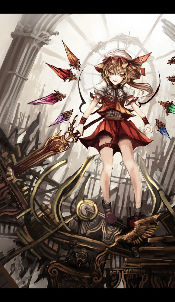 makai no juumin, flandre scarlet, embodiment of scarlet devil, touhou, 1girl, blonde hair, female focus, hat, indoors, letterboxed, ponytail, red eyes, short hair, side ponytail, solo, sword, weapon, wings