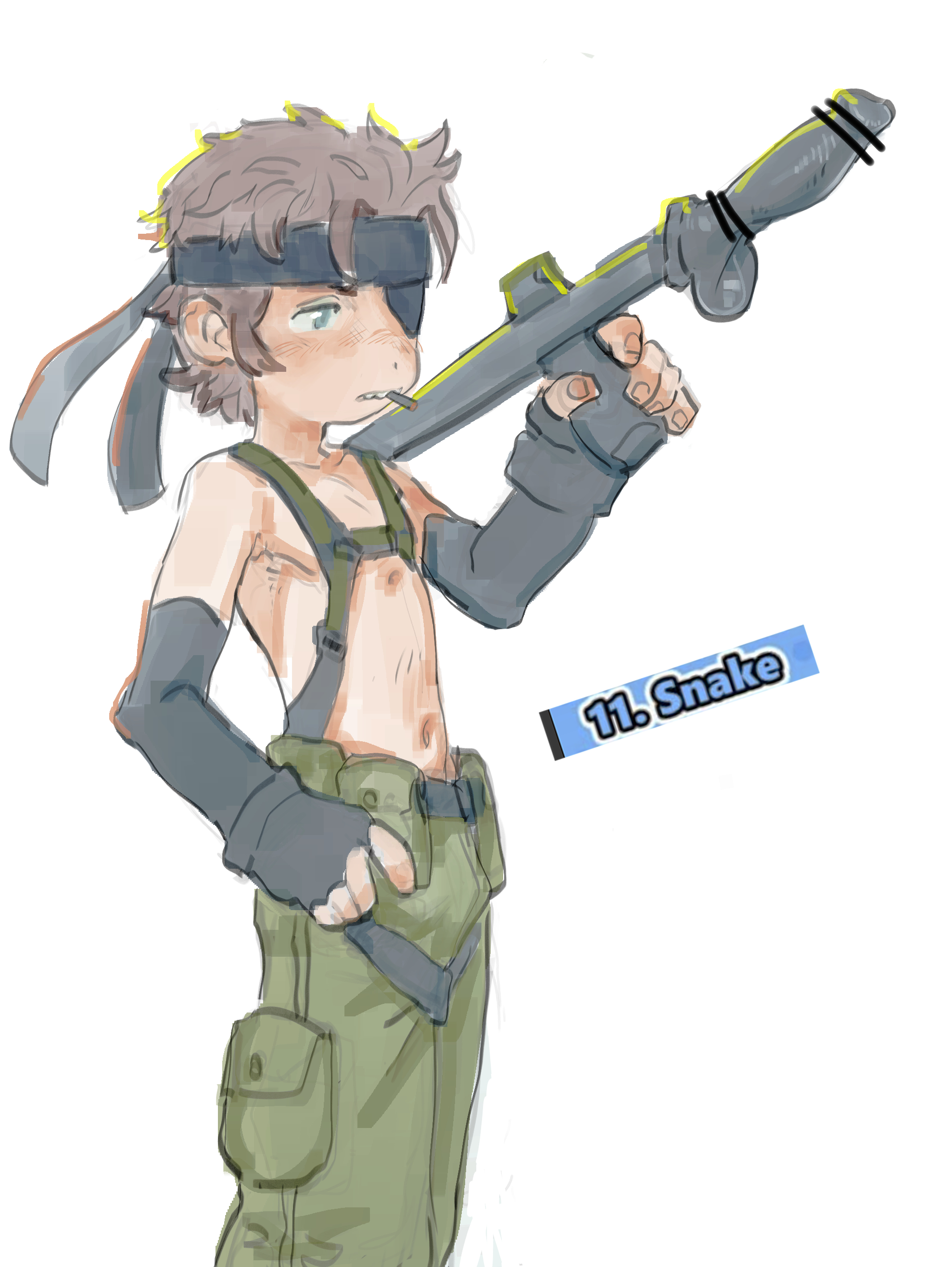 eirikr, solid snake, metal gear (series), 1boy, aged down, brown hair, cargo pants, character name, eyepatch, fingerless gloves, gloves, green pants, holding, holding weapon, male focus, pants, short hair, solo, weapon, white background