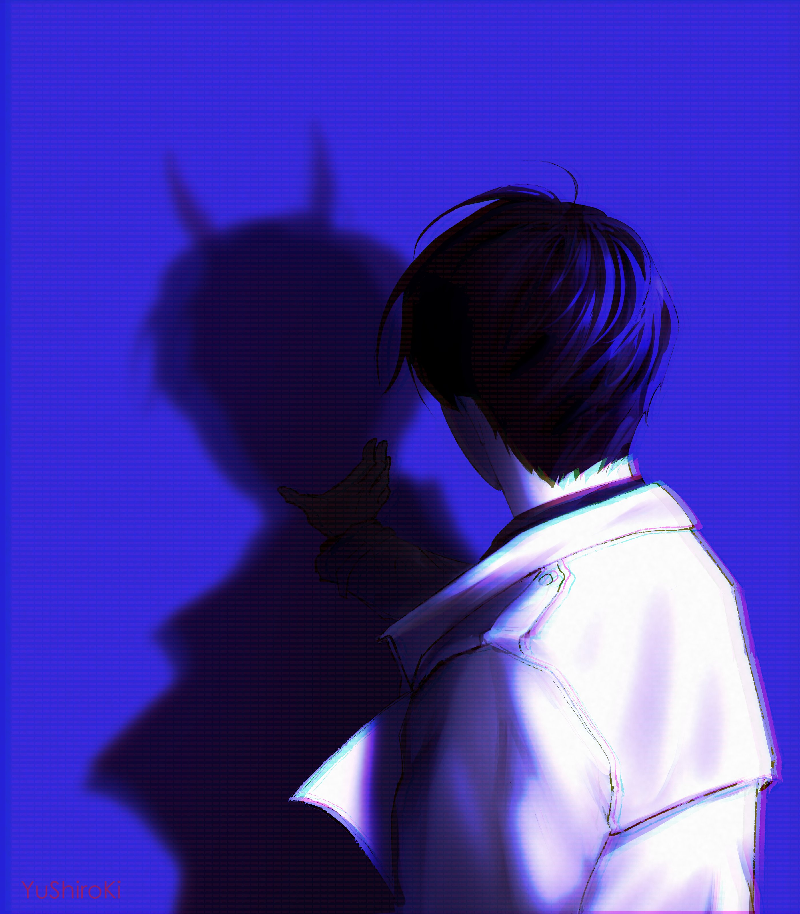 kim dokja, omniscient reader's viewpoint, absurdres, highres, 1boy, black hair, black shirt, blue background, coat, demon horns, different shadow, from behind, horns, male focus, open clothes, open coat, outstretched arm, shirt, short hair, simple background, solo, strangling, upper body, white coat, yu shiro ki