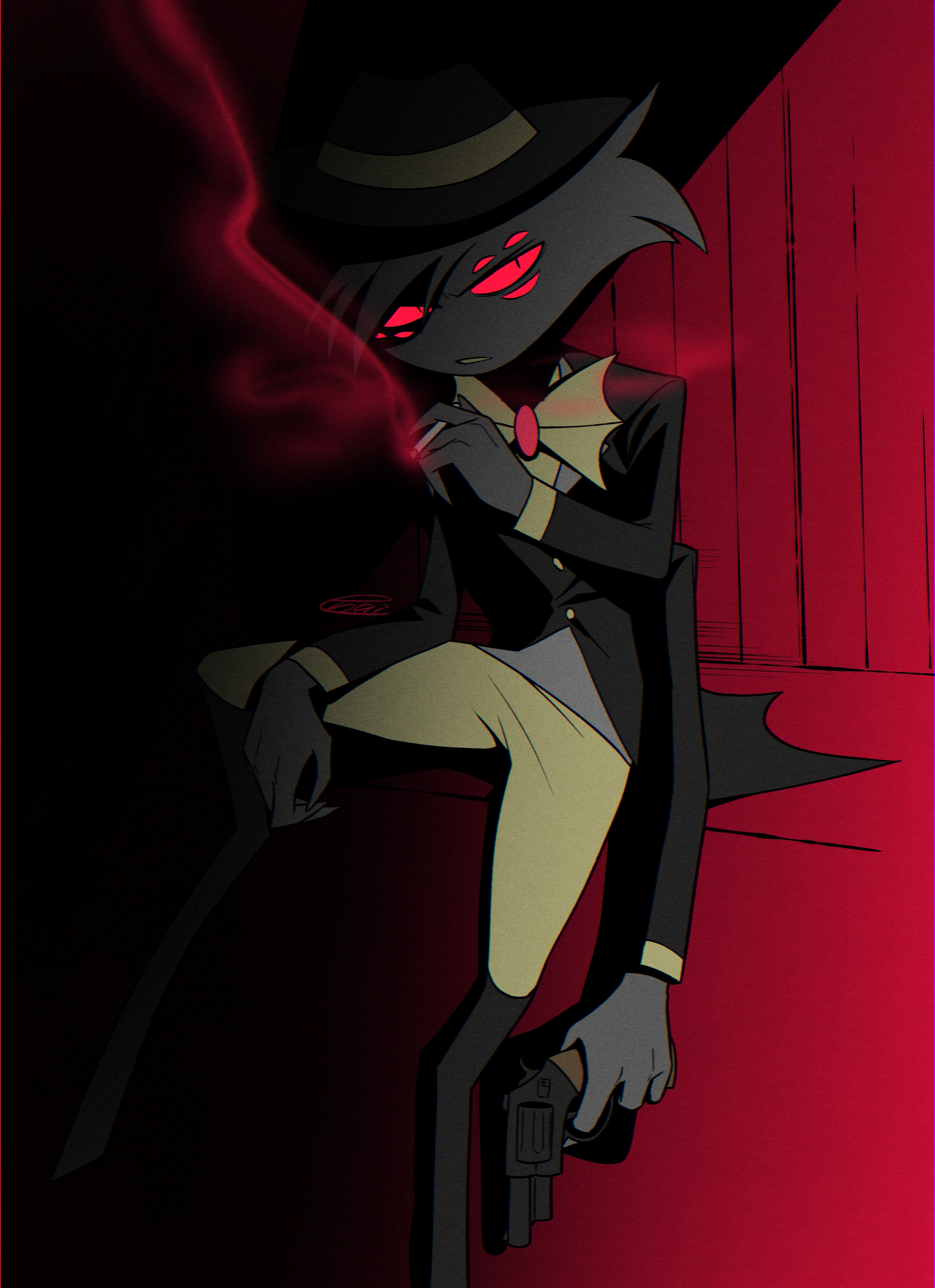 menma (enaic31), arackniss, hazbin hotel, hellaverse, absurdres, commentary request, highres, 1boy, against wall, black coat, black hat, bow, bowtie, brooch, buttons, chromatic aberration, cigarette, clenched teeth, coat, colored sclera, extra arms, extra eyes, fedora, fewer digits, film grain, full body, grey fur, gun, hand up, hat, high contrast, holding, holding cigarette, holding gun, holding weapon, jewelry, long sleeves, looking at viewer, male focus, pants, red background, red eyes, red sclera, signature, simple background, sitting, smoke, solo, spread legs, teeth, traditional bowtie, v-shaped eyebrows, weapon, white bow, white bowtie, white pants