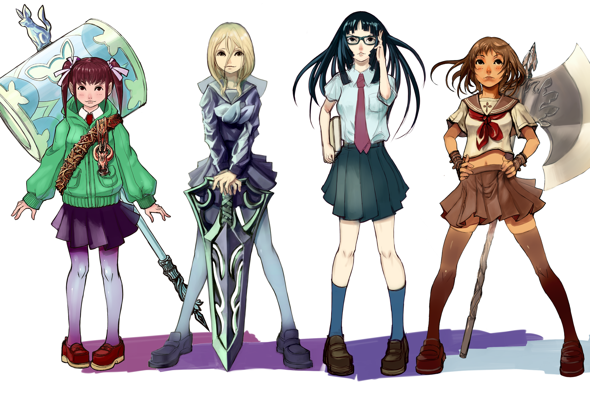 kansou samehada, original, bad id, bad pixiv id, highres, adjusting eyewear, axe, blonde hair, blue eyes, book, brown hair, glasses, hammer, huge weapon, jacket, kneehighs, long hair, midriff, navel, necktie, pantyhose, red eyes, school uniform, serafuku, short hair, socks, sword, thighhighs, twintails, weapon, yellow eyes, zettai ryouiki