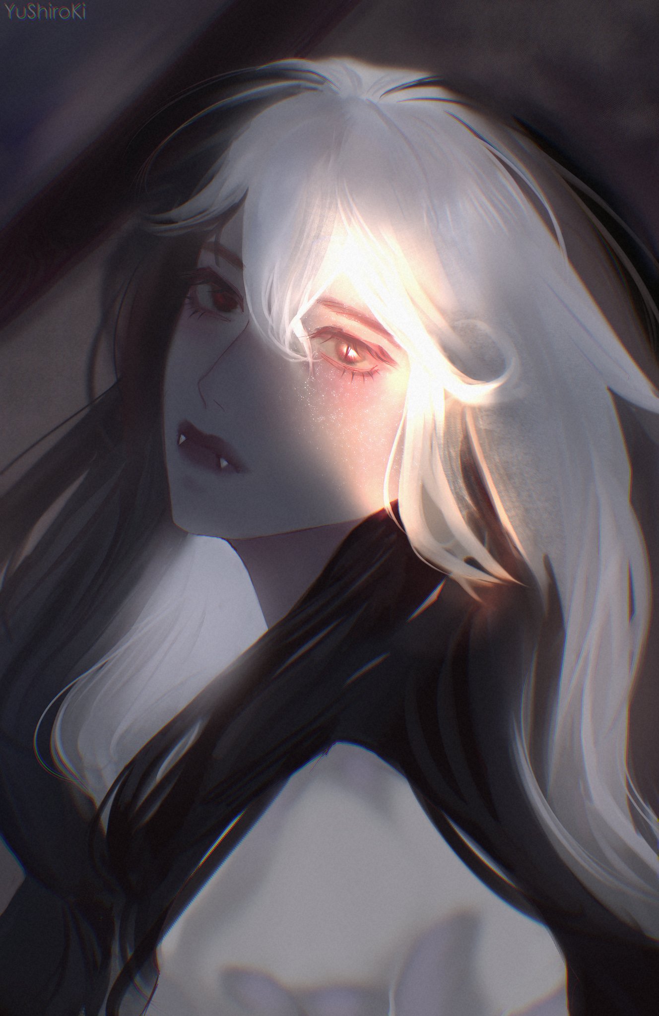 original, hashtag-only commentary, highres, 1girl, aegyo sal, black eyes, black hair, double-parted bangs, fangs, hair between eyes, looking at viewer, multicolored hair, shirt, solo, two-tone hair, upper body, white hair, white shirt, yu shiro ki