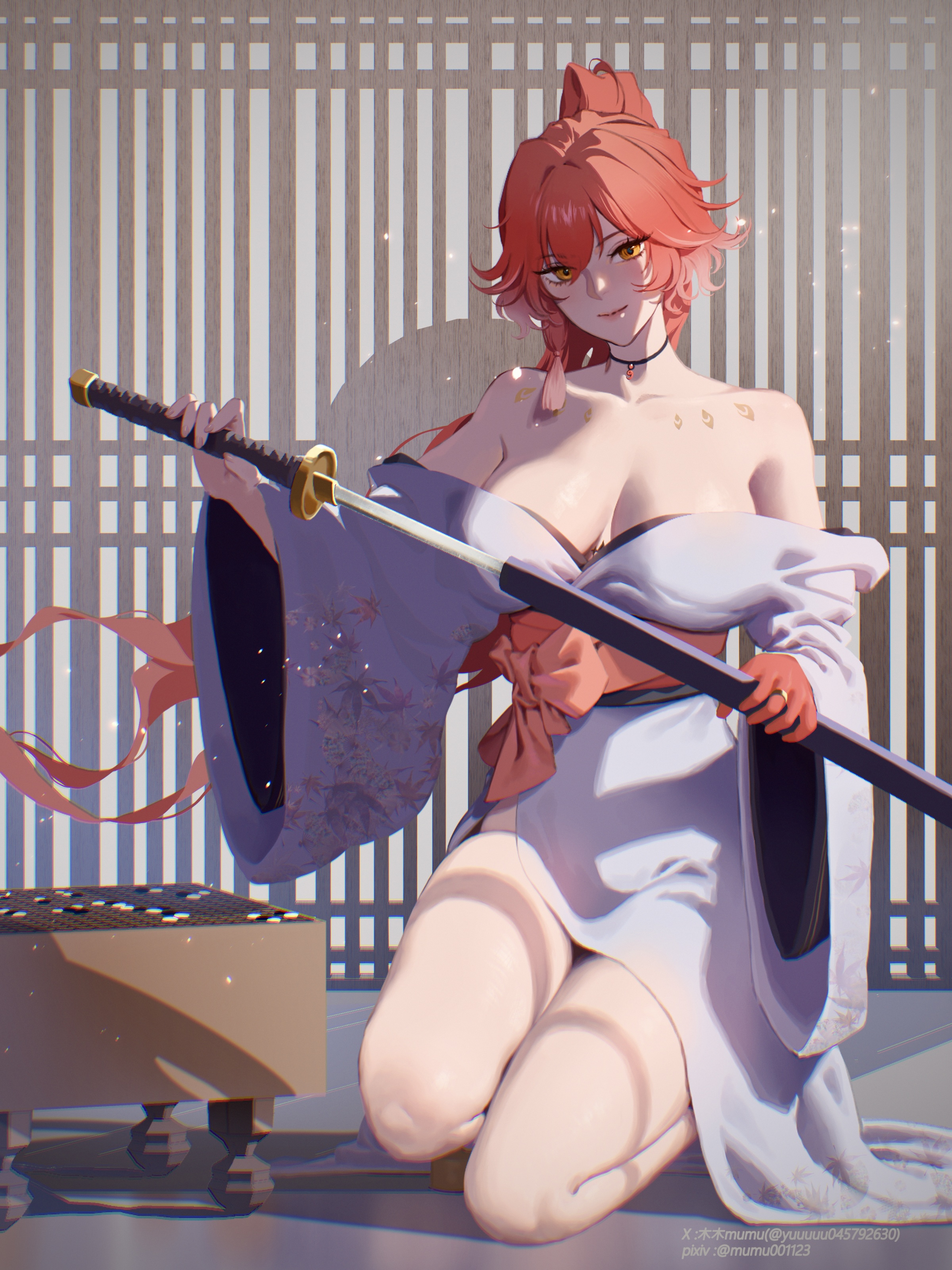 changli (wuthering waves), wuthering waves, absurdres, commentary, highres, 1girl, alternate costume, alternate hairstyle, board game, body markings, breasts, collarbone, colored extremities, drawing sword, go (board game), hair between eyes, holding, holding sword, holding weapon, japanese clothes, jewelry, kimono, kneeling, large breasts, long hair, looking at viewer, mumu (mumu arttt), off shoulder, orange eyes, parted lips, pink hair, red hands, ring, scabbard, sheath, smile, solo, sword, tacet mark (wuthering waves), thighs, unsheathing, weapon, white kimono, wide sleeves