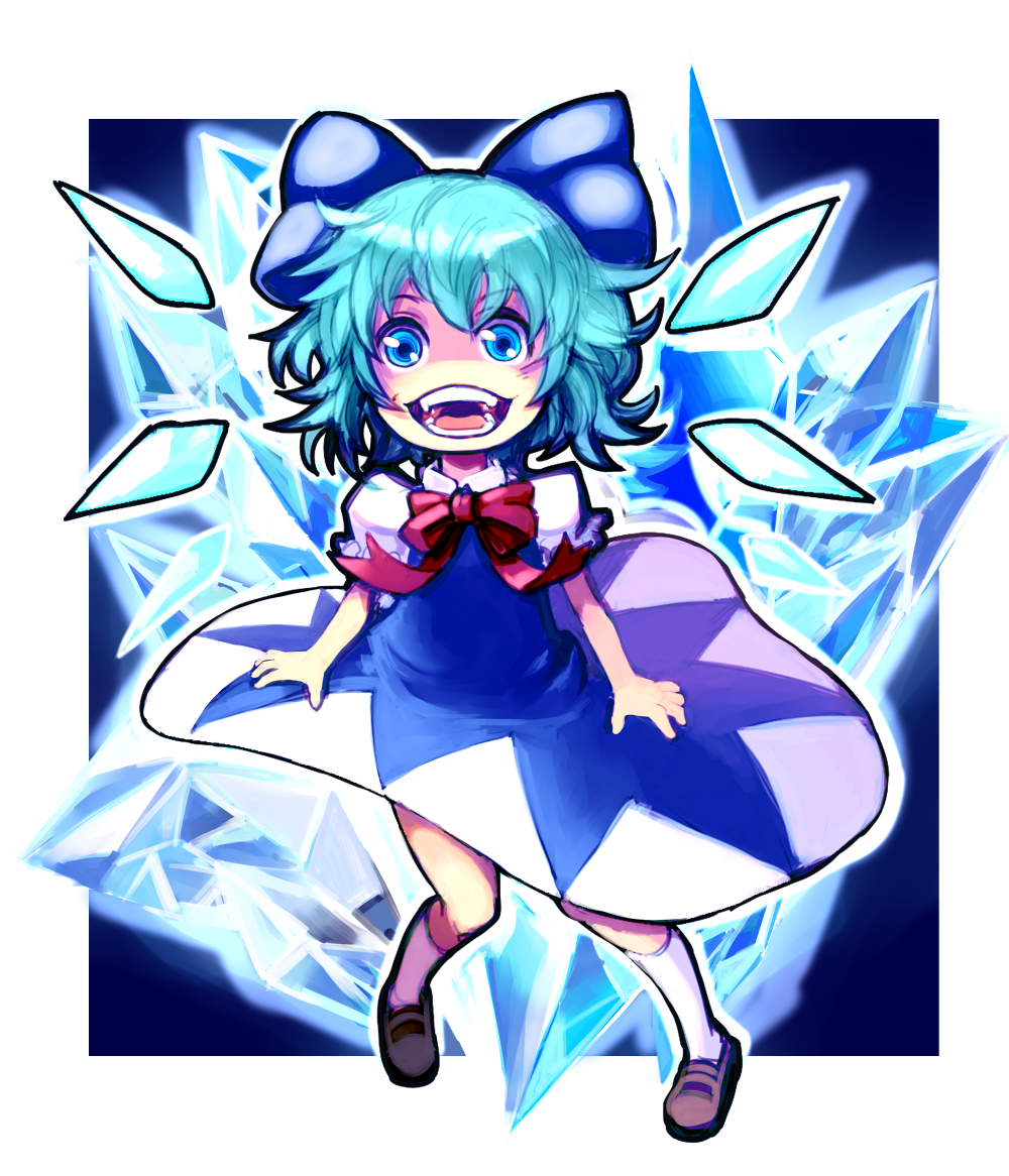 kansou samehada, cirno, embodiment of scarlet devil, touhou, bad id, bad pixiv id, 1girl, blue eyes, blue hair, creepy, female focus, full body, horror (theme), ice, matching hair/eyes, open mouth, short hair, solo, wings