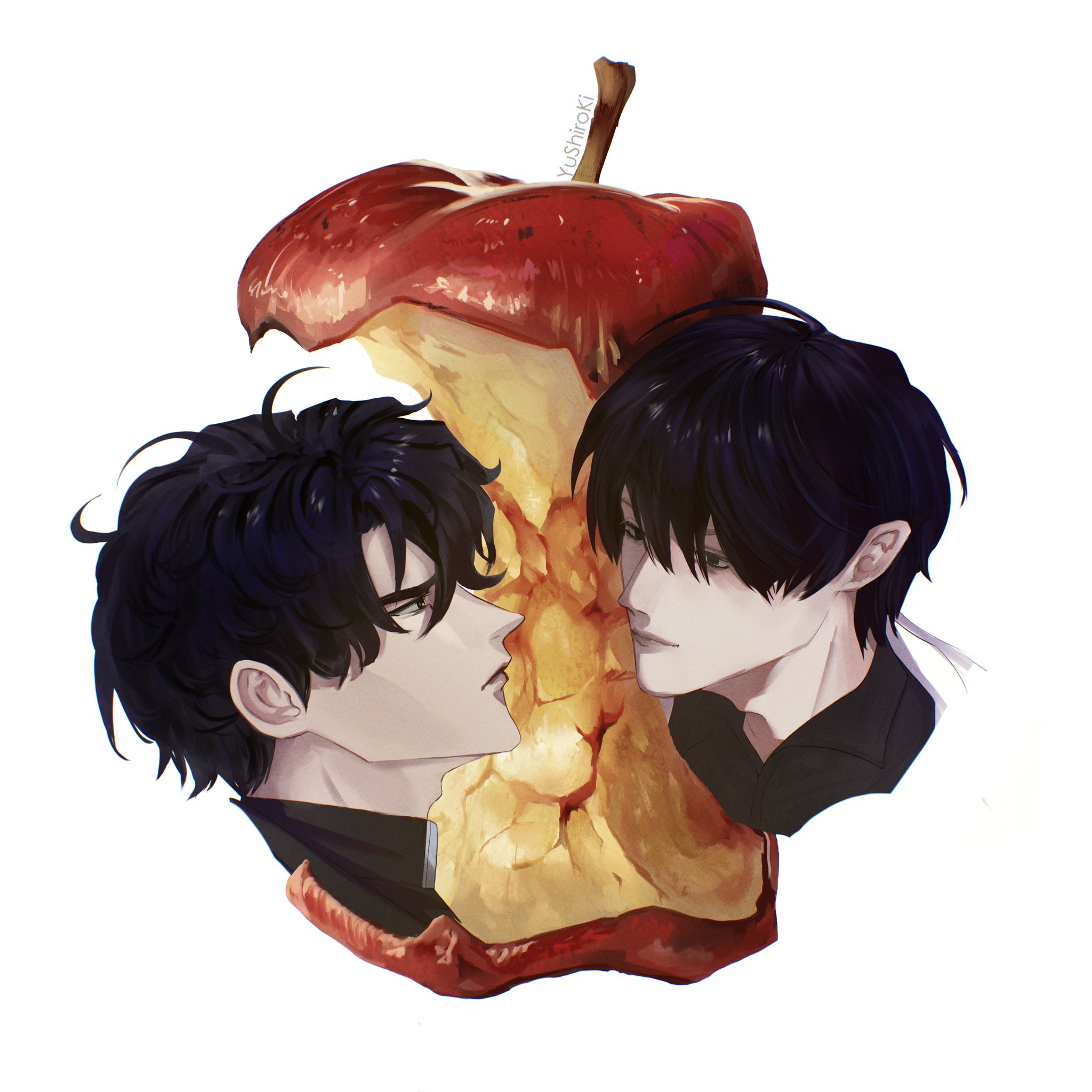 kim dokja, yoo joonghyuk, omniscient reader's viewpoint, highres, 2boys, apple, apple core, appletrend, black eyes, black hair, black shirt, food, fruit, looking at another, male focus, multiple boys, narrowed eyes, portrait, shirt, short hair, smile, superimposition, yu shiro ki