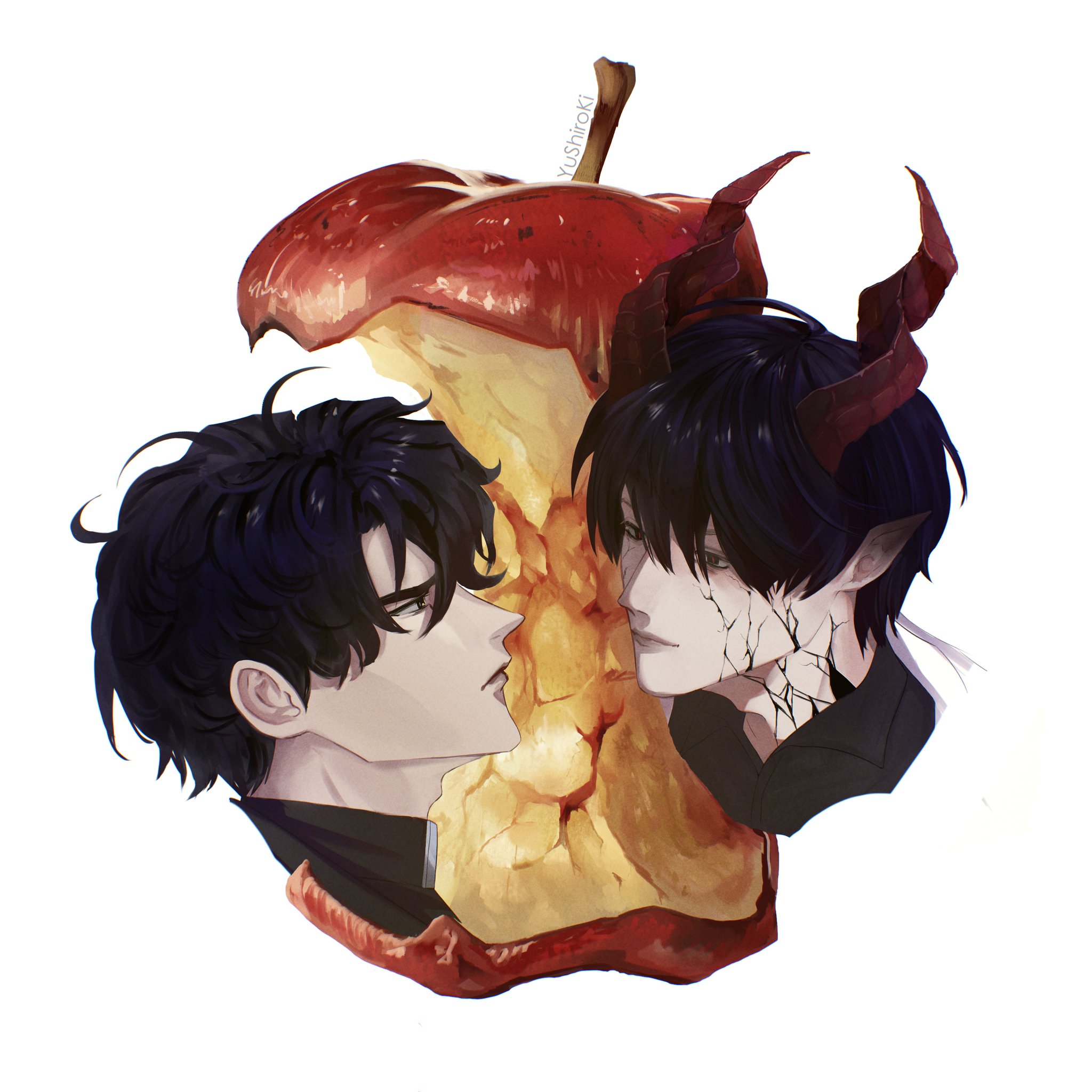 kim dokja, yoo joonghyuk, omniscient reader's viewpoint, highres, variant set, 2boys, apple, apple core, appletrend, black eyes, black hair, black shirt, colored veins, demon horns, food, fruit, horns, looking at another, male focus, multiple boys, narrowed eyes, portrait, shirt, short hair, smile, superimposition, yu shiro ki