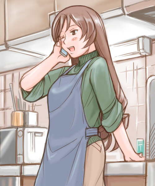 tsuda nanafushi, suiseiseki, rozen maiden, 00s, 1girl, aged up, apron, blush, brown eyes, brown hair, casual, cellphone, female focus, indoors, kitchen, long hair, phone, sleeves rolled up, solo, talking on phone, wink