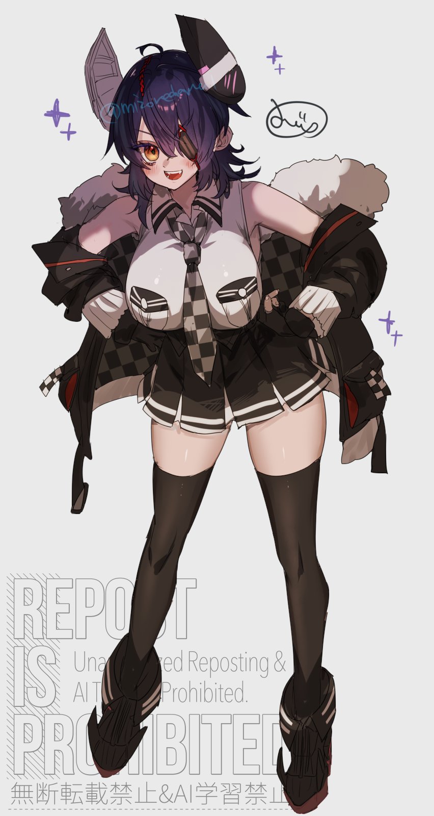 mizoredama1, tenryuu (kancolle), tenryuu kai ni (kancolle), kantai collection, highres, 1girl, black gloves, breast pocket, breasts, checkered clothes, checkered necktie, eyepatch, fur-trimmed jacket, fur trim, gloves, headgear, jacket, large breasts, looking at viewer, necktie, partially fingerless gloves, pocket, purple hair, shirt, short hair, skirt, sleeveless, sleeveless shirt, smile, solo, thighhighs, watermark, white shirt, yellow eyes