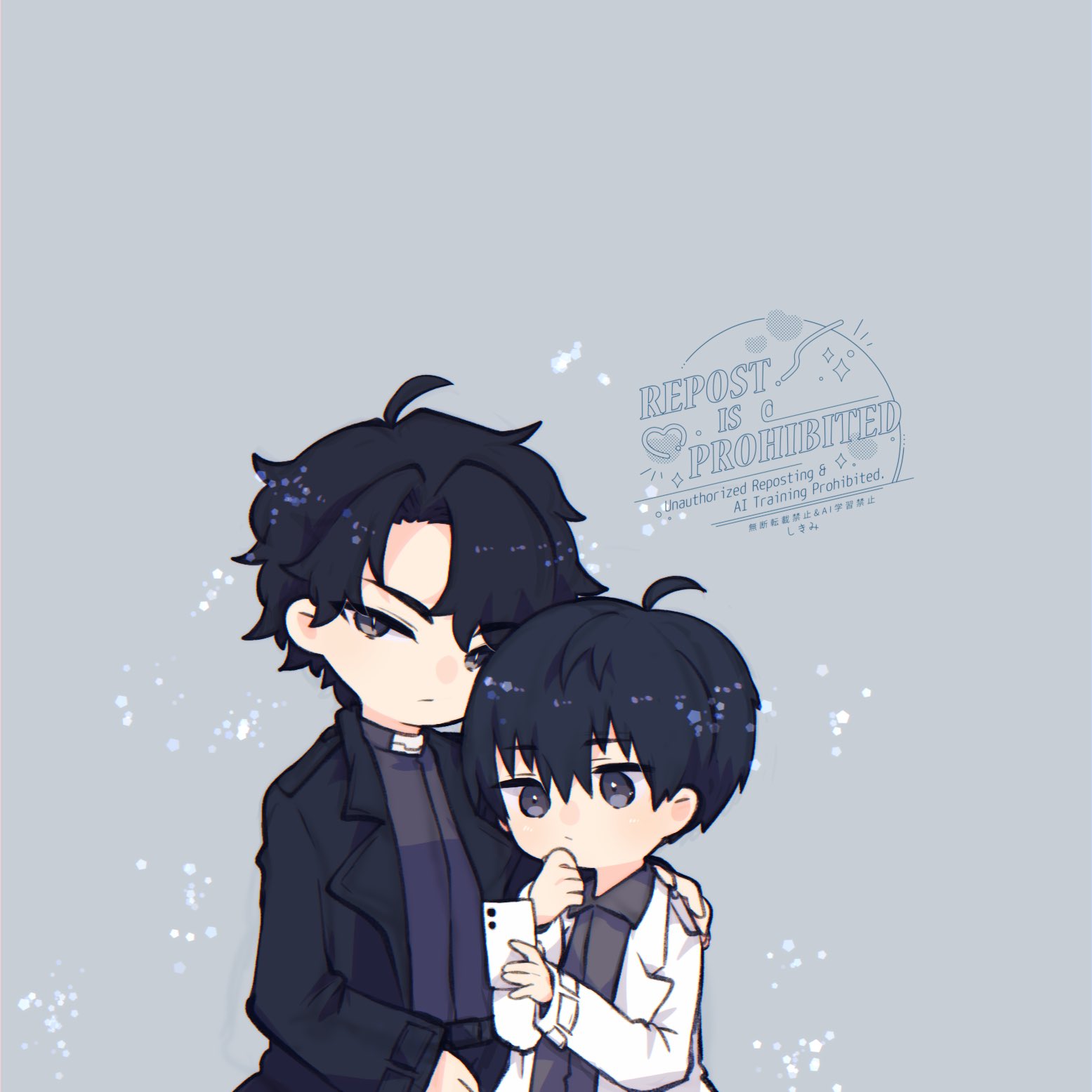 kim dokja, yoo joonghyuk, omniscient reader's viewpoint, commentary, highres, symbol-only commentary, 2boys, ahoge, black coat, black eyes, black hair, black shirt, coat, collared shirt, cowboy shot, curtained hair, full body, glaring, hand on another's shoulder, hand on own chin, holding, holding phone, kimidori 22, looking at phone, looking at viewer, male focus, multiple boys, open clothes, open coat, phone, popped collar, shirt, short hair, white coat