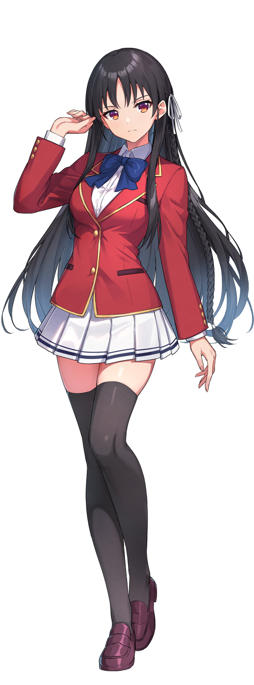 horikita suzune, youkoso jitsuryoku shijou shugi no kyoushitsu e, highres, official art, 1girl, advanced nurturing high school uniform, black hair, black thighhighs, blazer, blue bow, blue bowtie, bow, bowtie, breasts, brown shoes, closed mouth, collared shirt, full body, hair ribbon, hand up, heel up, jacket, loafers, long hair, looking at viewer, medium breasts, orange eyes, pleated skirt, red jacket, ribbon, school uniform, shirt, shoes, simple background, skirt, solo, standing, tachi-e, thighhighs, transparent background, white ribbon, white shirt, white skirt