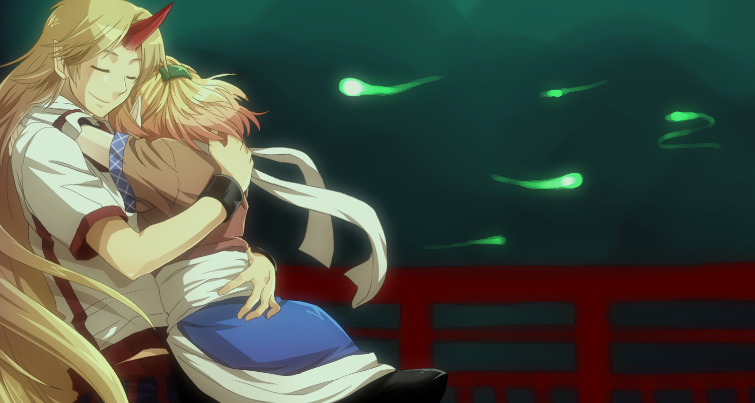 re ghotion, hoshiguma yuugi, mizuhashi parsee, touhou, bad id, bad pixiv id, 2girls, arm warmers, blonde hair, closed eyes, female focus, horns, hug, long hair, multiple girls, pointy ears, scarf, short hair, single horn